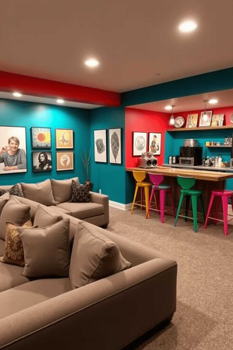 A vibrant basement retreat featuring colorful accent walls that infuse energy into the space. The walls are painted in a bold teal, complemented by a cozy sectional sofa in a warm gray, creating a perfect contrast. The basement includes a stylish bar area with a reclaimed wood countertop and colorful bar stools. Soft lighting highlights the unique artwork displayed on the walls, enhancing the inviting atmosphere.