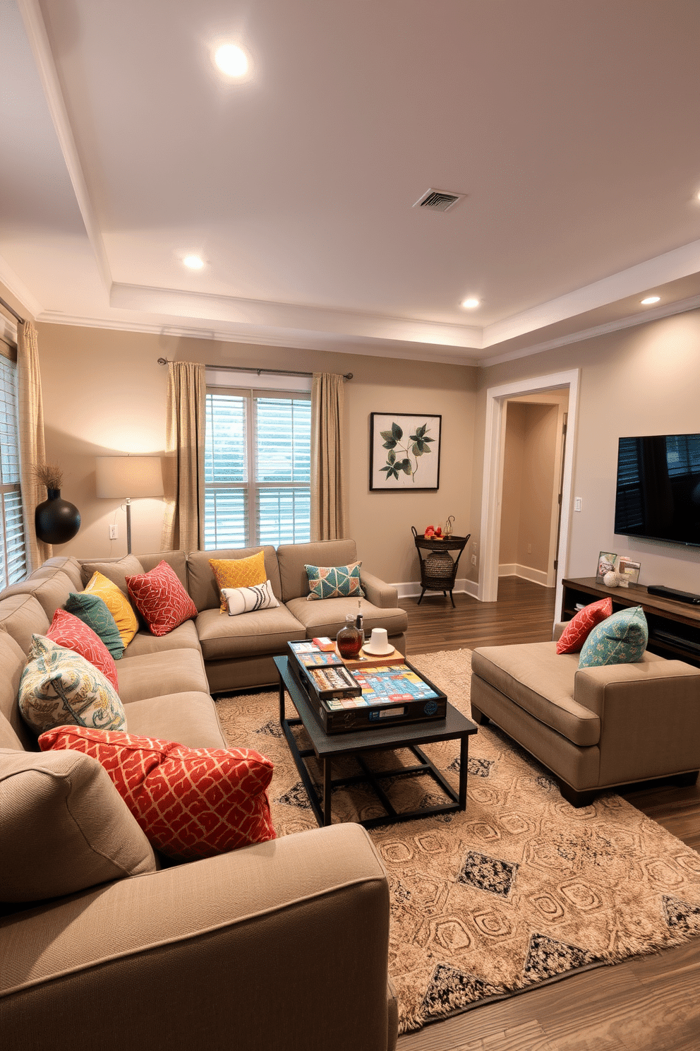 A cozy family gathering area designed for fun and relaxation. The space features a large sectional sofa in a warm gray fabric, surrounded by colorful throw pillows, with a coffee table stacked with board games and snacks. Soft ambient lighting is provided by stylish floor lamps and recessed lighting in the ceiling. A plush area rug anchors the seating area, while a wall-mounted TV offers entertainment options for family movie nights.