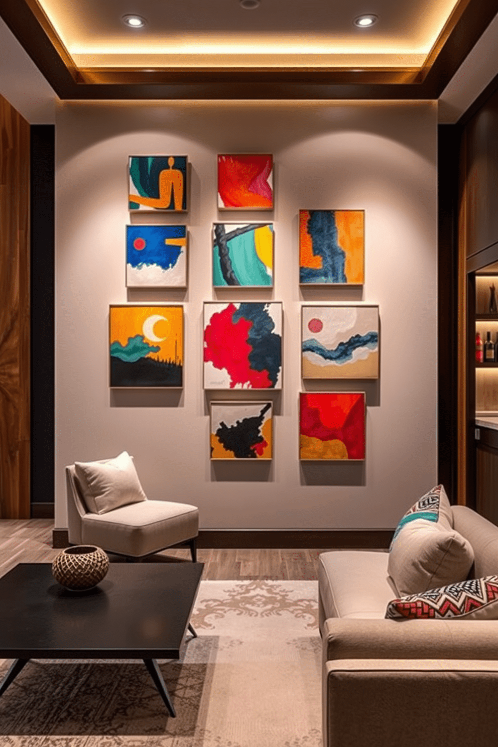 A contemporary art display features a curated selection of vibrant abstract paintings, elegantly arranged on a neutral-toned wall. The space is illuminated by strategically placed gallery lighting that highlights the colors and textures of each piece, creating a dynamic visual experience. The basement design incorporates a cozy lounge area with plush seating and a sleek coffee table, perfect for relaxation and entertainment. Warm wood accents and soft ambient lighting enhance the inviting atmosphere, while a small bar area adds a touch of sophistication.