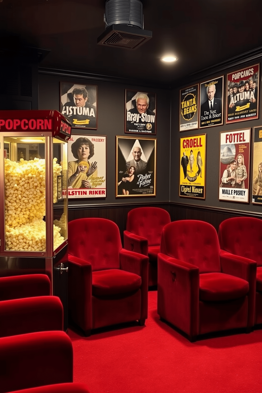 A vintage cinema-themed basement featuring a classic popcorn machine. The walls are adorned with retro movie posters, and plush red velvet seating is arranged for an immersive viewing experience.