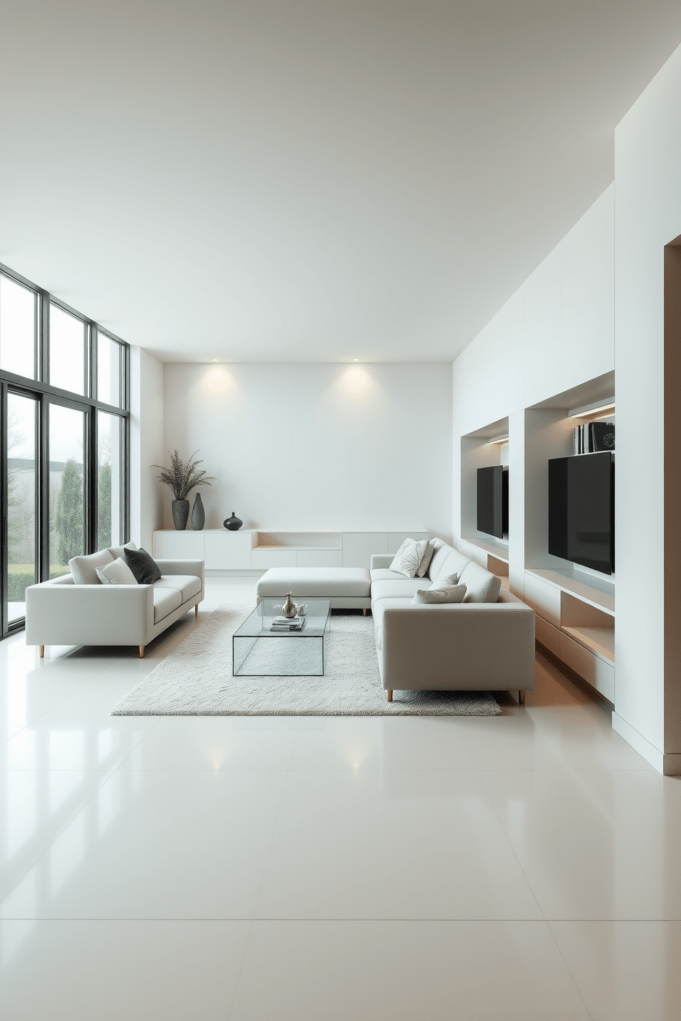 A modern minimalist basement design featuring sleek, low-profile furniture in a neutral color palette. The space includes a comfortable sectional sofa, a glass coffee table, and built-in shelving that seamlessly integrates with the walls, creating an open and airy feel. Large windows allow natural light to flood the area, highlighting the clean lines and uncluttered layout. A contemporary area rug anchors the seating arrangement, while subtle accent lighting adds warmth and depth to the overall aesthetic.