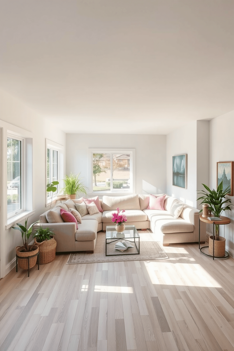 A bright and airy basement design featuring large windows that flood the space with natural light. The walls are painted in a soft white, complemented by light wood flooring that enhances the open feel of the room. In one corner, a cozy seating area is arranged with a plush, sectional sofa and a glass coffee table. Decorative plants and artwork add vibrant touches, creating a welcoming atmosphere perfect for relaxation or entertaining.