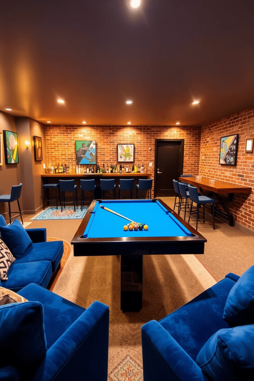 A vibrant game room featuring a sleek pool table at its center, surrounded by plush seating in deep blue tones. A stylish bar area with high stools and a polished wooden countertop is located against one wall, complete with a selection of colorful bottles and glassware. The basement design incorporates warm lighting that creates an inviting atmosphere, with exposed brick walls adding character and charm. Soft area rugs define the seating spaces, while wall-mounted art pieces reflect a playful theme, enhancing the overall entertainment vibe.