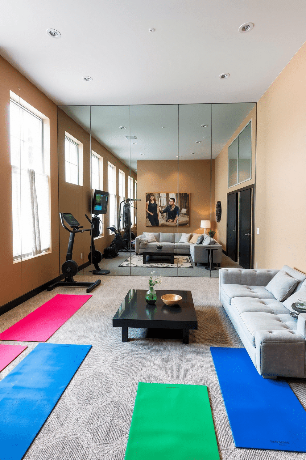 A modern home gym featuring mirrored walls that reflect natural light, creating an open and airy atmosphere. The space is equipped with high-quality exercise mats in vibrant colors, alongside sleek, minimalist gym equipment for an inviting workout environment. A cozy basement designed as a multifunctional space, incorporating a comfortable seating area with plush sofas and a large coffee table. The walls are painted in warm tones, and soft lighting enhances the inviting ambiance, making it perfect for relaxation or entertaining guests.