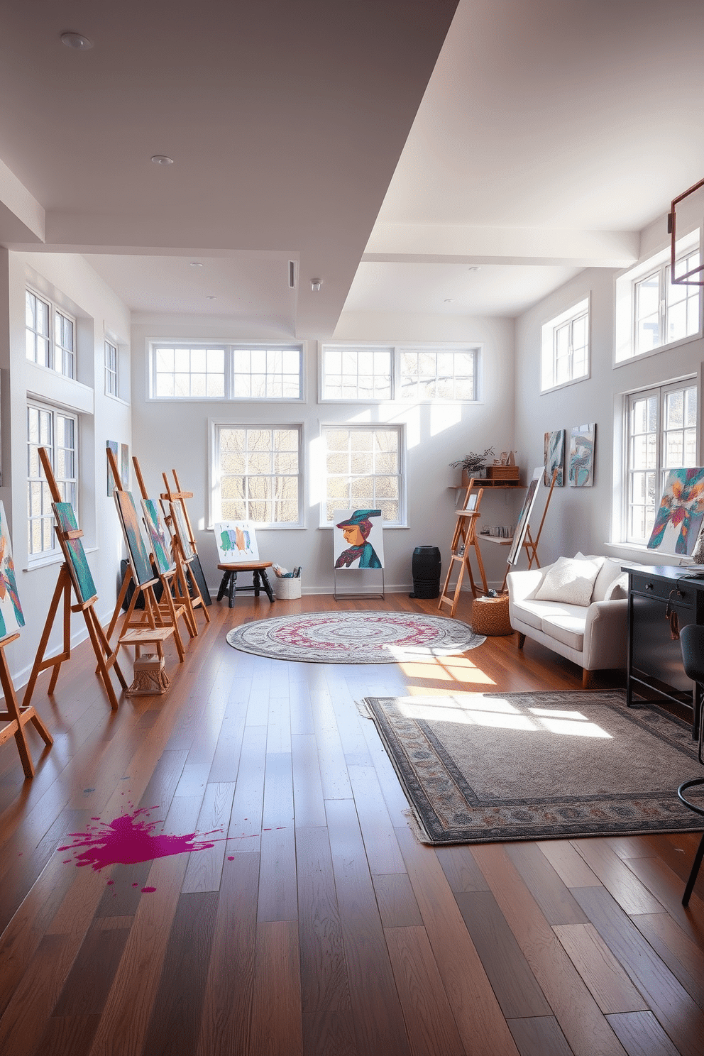 Art studio with natural light and easels. The space is filled with large windows that allow sunlight to flood in, illuminating the wooden floors and white walls. Several easels are positioned throughout the room, showcasing vibrant canvases. Colorful paint splatters adorn the floor, adding to the creative atmosphere. Basement design ideas. The basement features a cozy lounge area with plush sofas and a sleek bar, perfect for entertaining. Soft lighting creates an inviting ambiance, while a large area rug adds warmth to the space. A small home gym area is tucked away in one corner, equipped with modern fitness equipment.