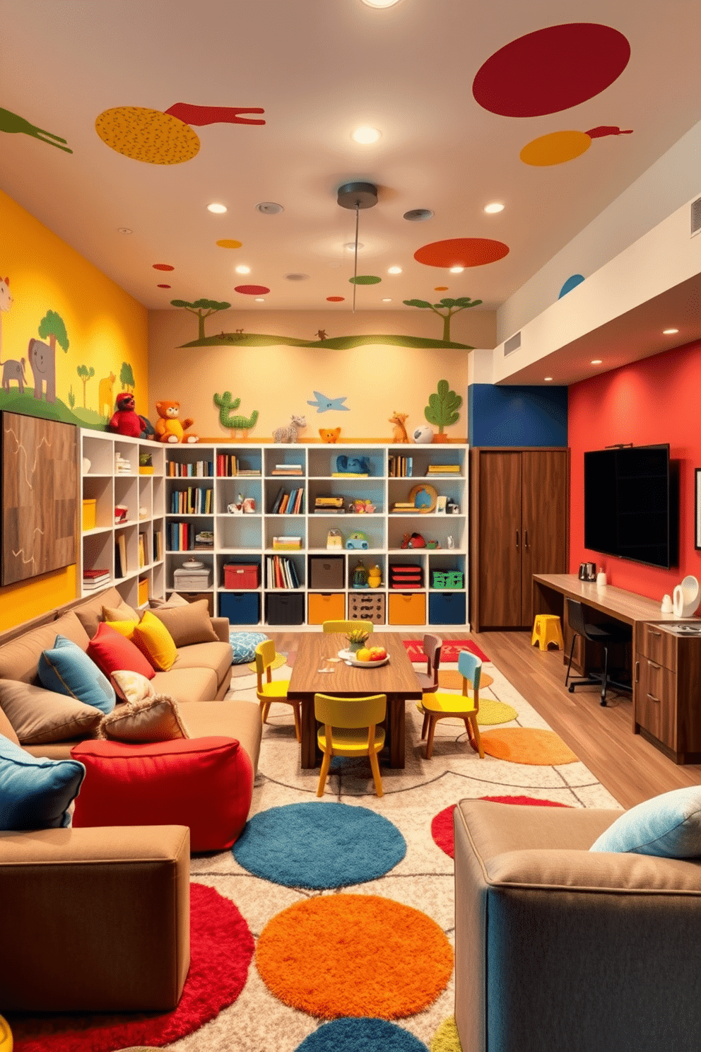 A vibrant children's playroom filled with colorful decor. The walls are painted in bright primary colors, featuring playful murals of animals and nature, while soft, plush rugs in various shapes and sizes cover the floor. In the center of the room, a large, multi-tiered bookshelf holds a variety of toys and books, and a cozy reading nook with oversized cushions invites kids to sit and read. A sturdy wooden table surrounded by colorful chairs provides a space for arts and crafts activities. For the basement design, envision a cozy entertainment area that combines comfort and style. Soft, ambient lighting creates a warm atmosphere, while plush sofas and a large screen make it the perfect spot for movie nights. In one corner, a small wet bar with sleek cabinetry and modern appliances offers refreshments, and a game table with chairs provides a fun gathering space for family and friends.