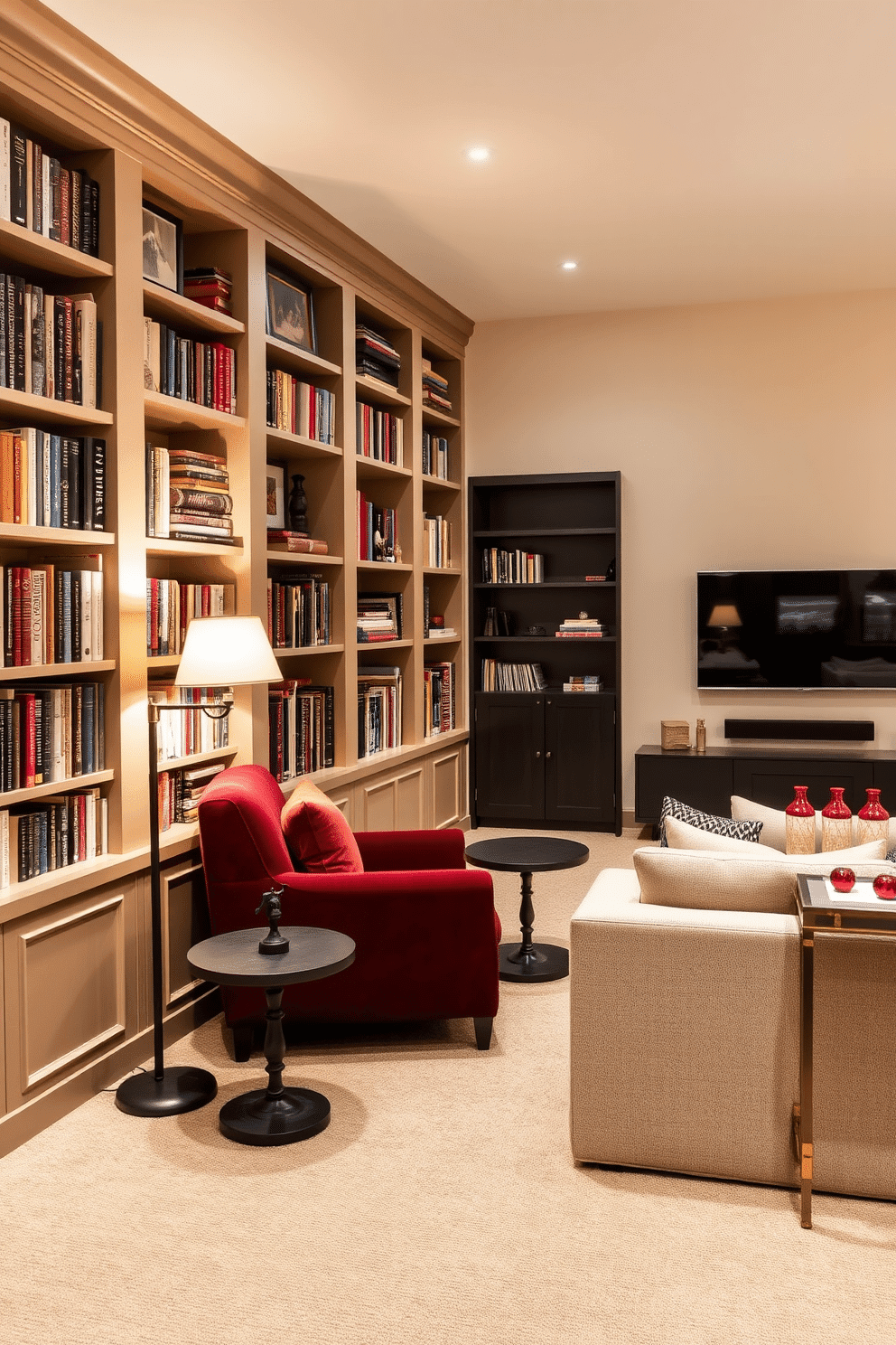 A cozy library nook features built-in bookshelves that stretch from floor to ceiling, filled with an eclectic mix of books and decorative items. A plush armchair in a rich burgundy fabric is positioned next to a small round table, creating an inviting reading corner illuminated by a vintage floor lamp. The basement design showcases a modern entertainment area with a large sectional sofa facing a sleek media wall, complete with a mounted flat-screen TV. Soft ambient lighting highlights the space, while a stylish bar cart in the corner adds a touch of sophistication for entertaining guests.