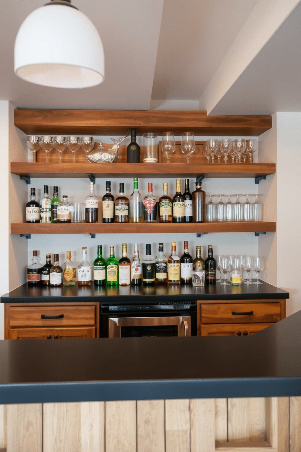 A cozy basement dry bar features rustic reclaimed wood shelving that showcases an array of artisanal spirits and glassware. The warm tones of the wood contrast beautifully with the sleek, modern bar countertop, creating an inviting atmosphere for entertaining guests.