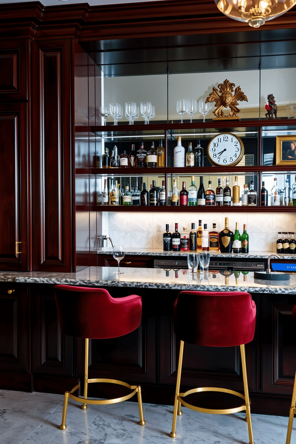 A classic dark wood dry bar is elegantly designed with rich mahogany cabinetry and gold hardware, creating a luxurious atmosphere. The bar features a polished granite countertop, complemented by stylish bar stools with velvet upholstery and gold legs. On the wall behind the bar, a mirrored backsplash reflects the ambient lighting, enhancing the sophisticated vibe of the space. Shelves display an array of fine spirits and glassware, with decorative elements like a vintage clock and framed artwork adding character to the design.