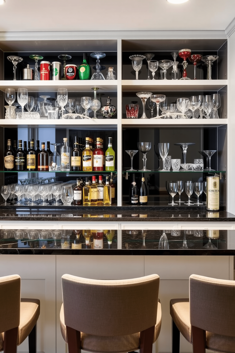 A stylish basement dry bar features open shelving adorned with an array of decorative glassware, showcasing a mix of colorful bottles and elegant crystal pieces. The bar area includes a sleek countertop made of dark granite, complemented by modern bar stools with plush upholstery for a comfortable seating experience.