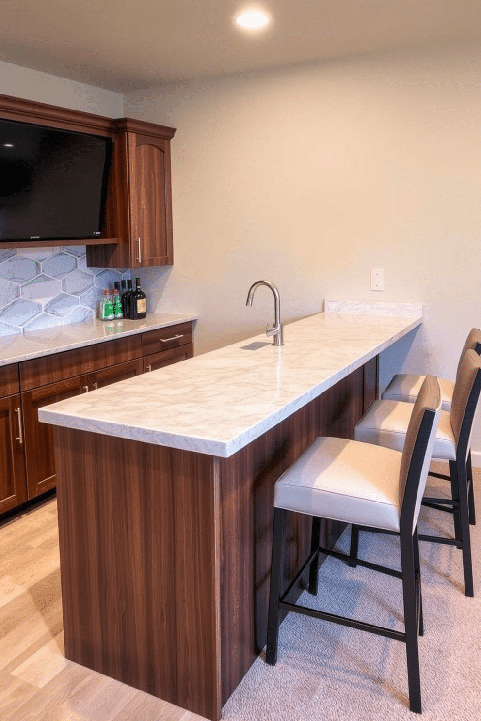 A modern basement dry bar features a sleek quartz countertop with a stunning waterfall edge that cascades down to the floor. The cabinetry is finished in a rich walnut wood, providing a warm contrast to the cool tones of the countertop, while stylish bar stools line the opposite side for casual seating.