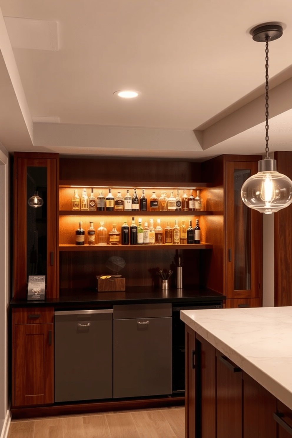 A stylish basement dry bar features chic pendant lighting that hangs elegantly above the bar counter, casting a warm glow over the space. The bar itself is crafted from rich wood, with a polished countertop that complements the modern aesthetic of the room.