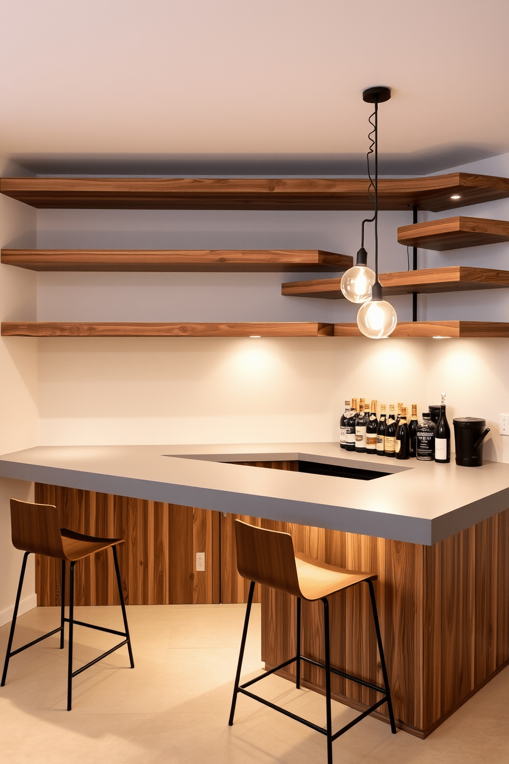 A modern basement dry bar featuring sleek floating shelves made of reclaimed wood, creating an open and spacious atmosphere. The bar area is illuminated by pendant lights, casting a warm glow over a polished concrete countertop with stylish bar stools arranged underneath.