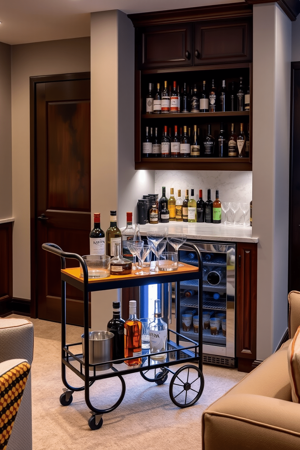 A stylish bar cart on wheels is set up in a cozy basement, featuring a sleek black metal frame and a polished wooden top. The cart is adorned with an array of premium spirits, elegant glassware, and a small ice bucket, allowing for effortless entertaining. The basement dry bar design incorporates rich mahogany cabinetry with a built-in wine cooler and a stunning marble countertop. Soft ambient lighting highlights the shelves filled with an assortment of bottles, while plush seating nearby invites guests to enjoy a relaxing evening.