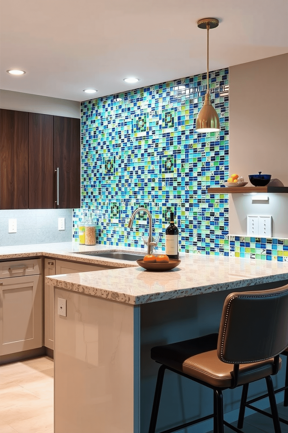 A unique backsplash featuring vibrant mosaic tiles creates a stunning focal point in the kitchen. The colorful patterns blend shades of blue, green, and gold, adding a touch of artistry to the space. The basement dry bar is designed with sleek cabinetry and a polished countertop, perfect for entertaining. Ambient lighting highlights the bar area, while stylish bar stools provide a comfortable seating option for guests.