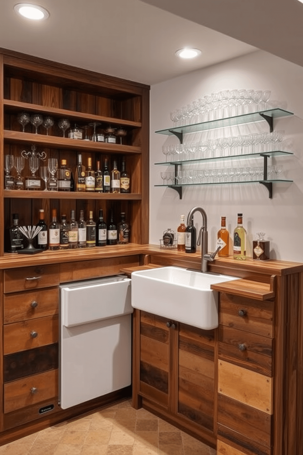 A stylish basement dry bar featuring a farmhouse sink seamlessly integrated into the design. The bar is constructed with reclaimed wood, complemented by open shelving displaying an array of glassware and artisanal spirits.