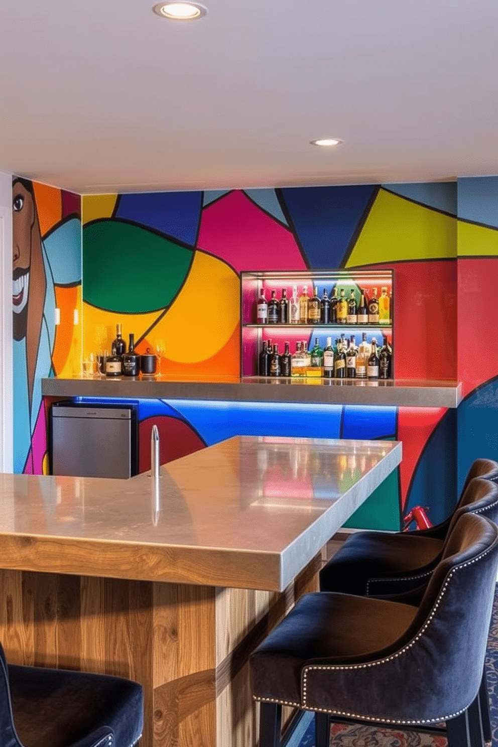 A vibrant artistic mural serves as the focal point of the basement dry bar, featuring abstract shapes and colors that energize the space. The bar itself is crafted from reclaimed wood, with a polished concrete countertop that contrasts beautifully with the mural's vivid hues. Behind the bar, sleek shelving displays an array of spirits and glassware, illuminated by soft LED lighting that enhances the artistic atmosphere. Plush bar stools with velvet upholstery invite guests to sit and enjoy the unique ambiance created by the mural and thoughtful design elements.