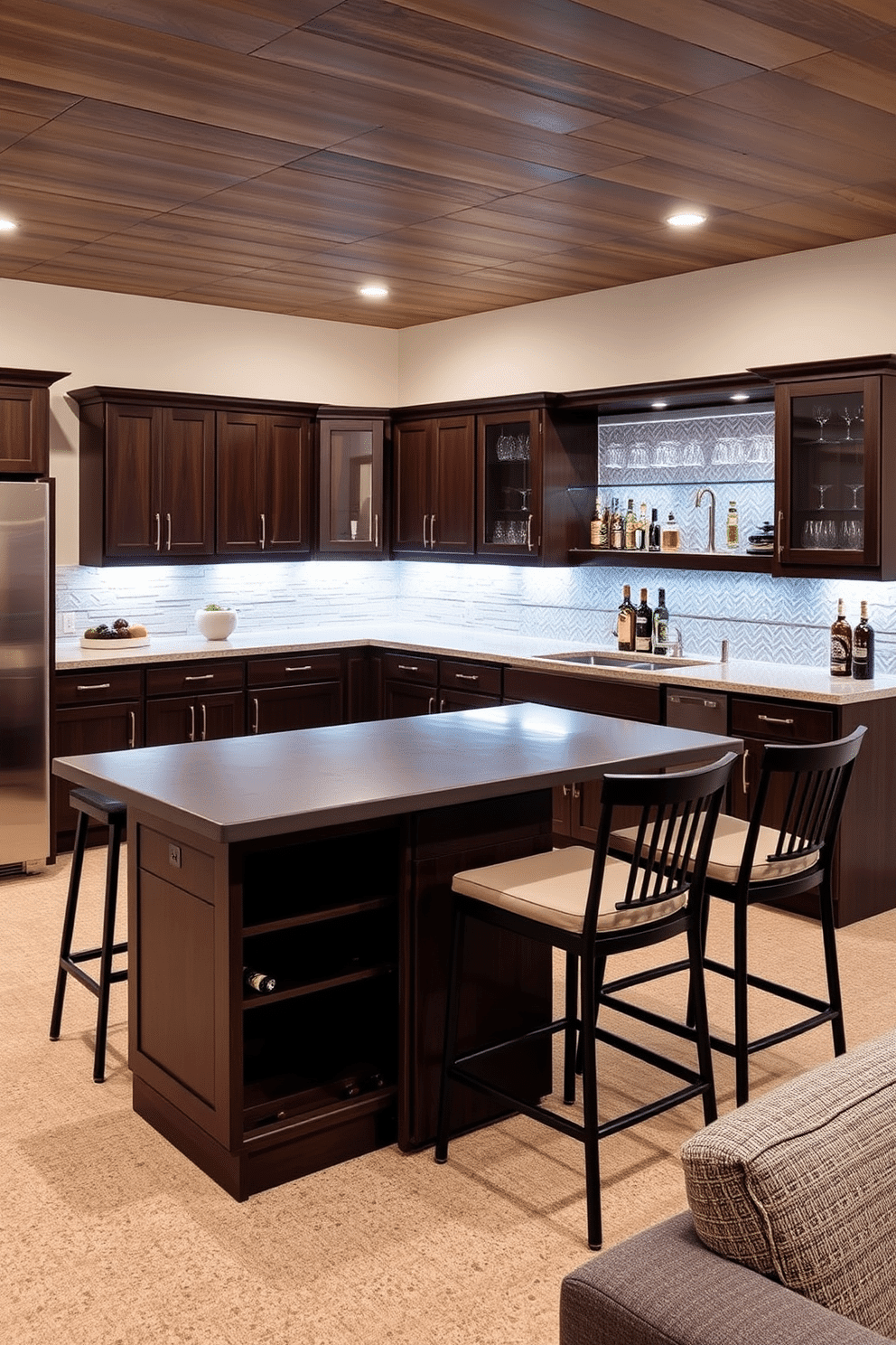 A multifunctional kitchen island features a sleek, dark wood finish with integrated storage and a spacious countertop that doubles as a dining area. Surrounding the island are stylish bar stools with cushioned seats, creating an inviting space for casual meals and entertaining guests. The basement dry bar design showcases a contemporary aesthetic with a polished concrete countertop and custom cabinetry for glassware and bottles. Ambient lighting highlights the bar area, complemented by comfortable seating and a stylish backsplash featuring geometric tiles.