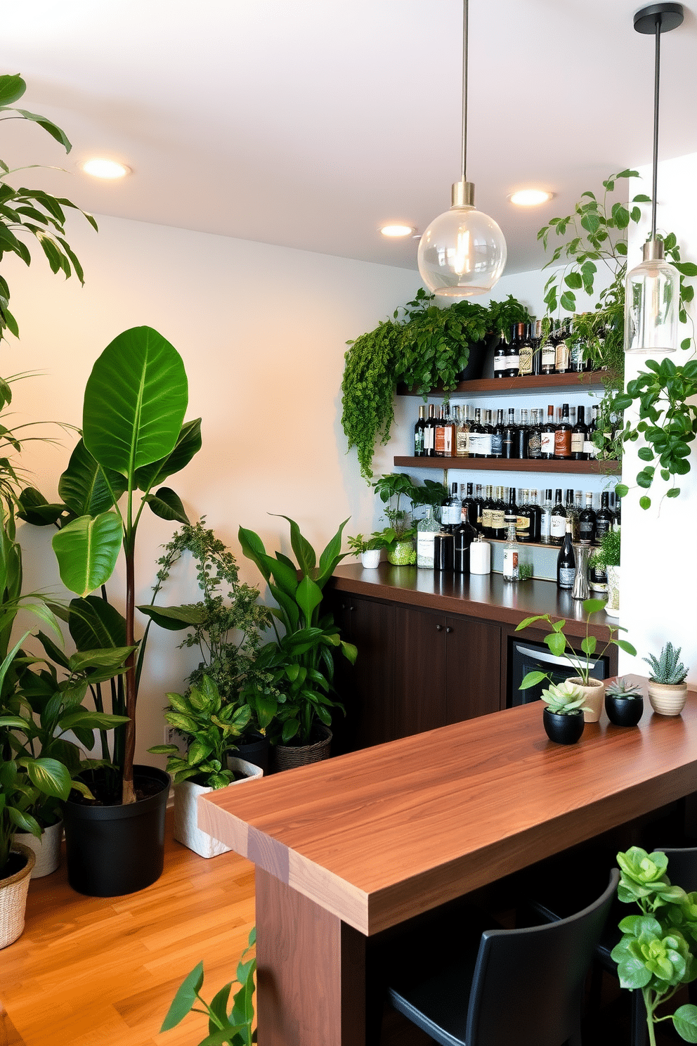 A cozy indoor space filled with lush greenery. Various indoor plants are strategically placed around the room, including a tall fiddle leaf fig in the corner and smaller succulents on a floating shelf. A stylish basement dry bar featuring a sleek wooden countertop with bar stools on one side. The back wall is adorned with open shelving displaying an array of bottles, while soft pendant lights create an inviting ambiance.