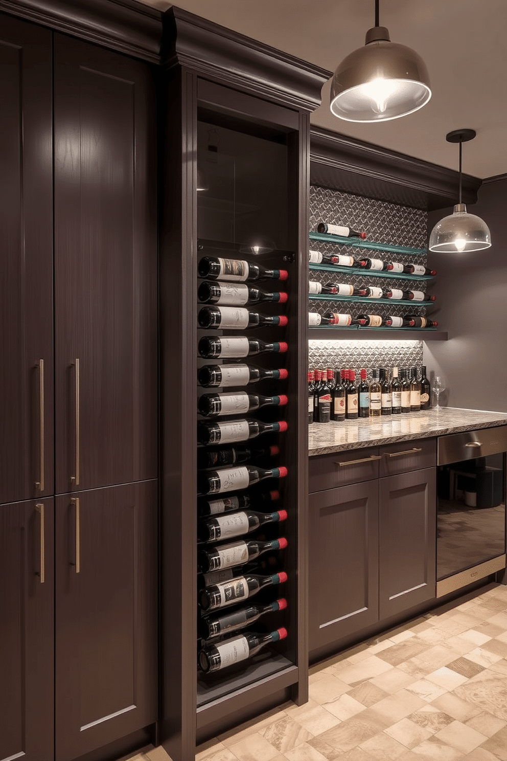 A stylish basement dry bar features a sleek wine rack seamlessly integrated into the cabinetry, showcasing an array of fine wines. The bar area is illuminated by soft pendant lighting, creating an inviting atmosphere for entertaining guests.