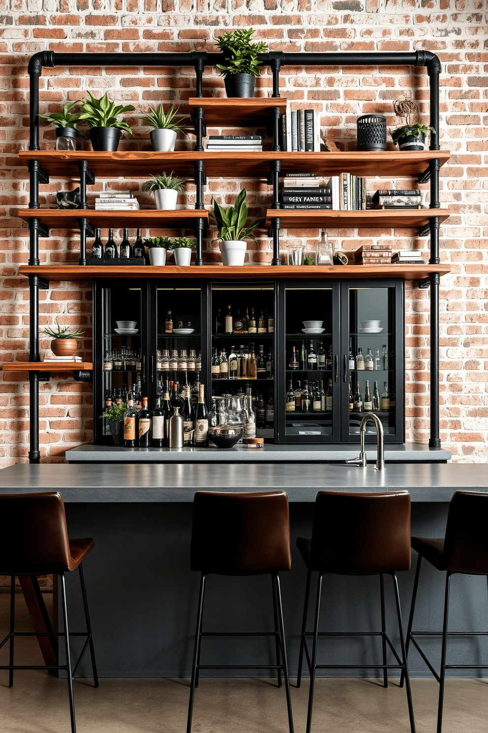 A striking industrial metal pipe shelving design features a combination of dark steel pipes and reclaimed wood shelves. The shelves are arranged asymmetrically against a brick wall, showcasing an array of plants, books, and decorative items that add character to the space. For the basement dry bar design, envision a sleek, modern bar counter made from polished concrete with metal accents. Behind the bar, a wall of mirrored cabinets displays an impressive collection of spirits, while stylish bar stools invite guests to enjoy the space.