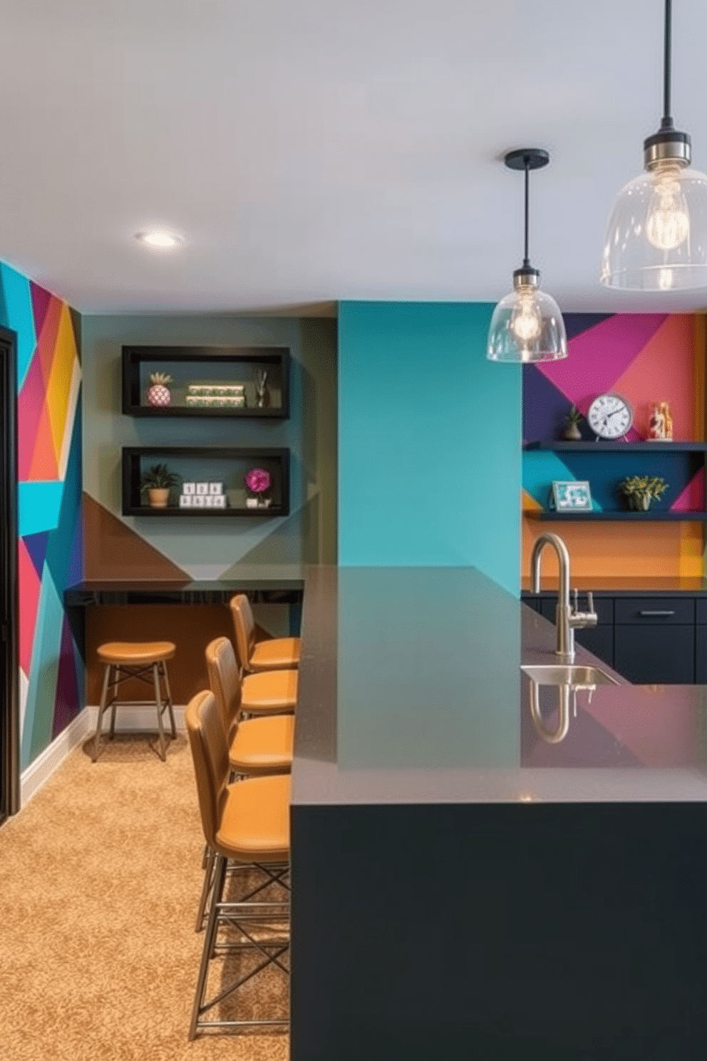 Colorful accent wall to brighten space. The wall features a vibrant mural with geometric patterns, complemented by floating shelves displaying decorative items and plants. Basement Dry Bar Design Ideas. The bar area includes a sleek countertop with a polished finish, surrounded by stylish bar stools, and illuminated by pendant lights that create a warm ambiance.