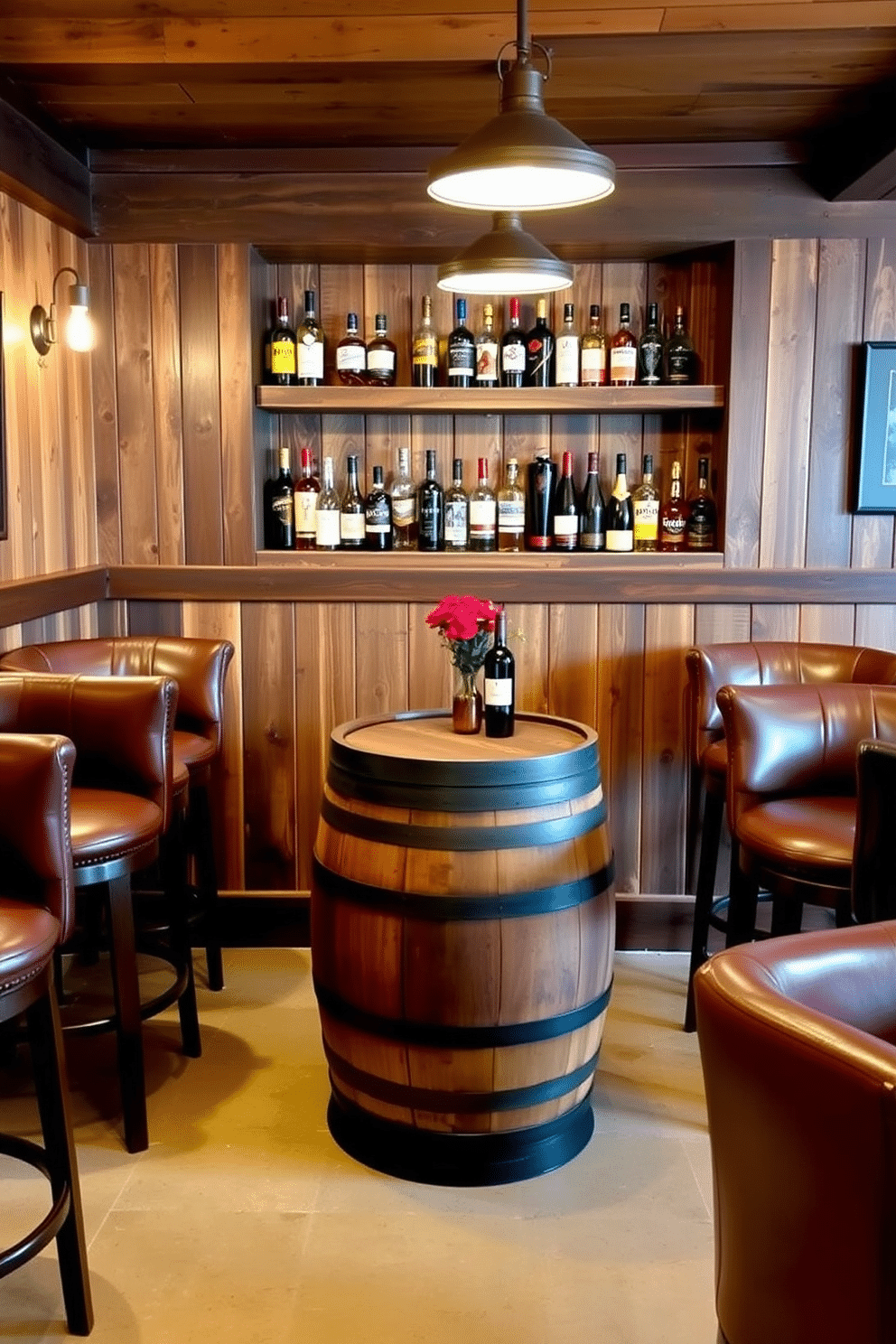 A vintage wine barrel serves as a unique table centerpiece in a cozy basement dry bar. Surrounding the barrel are high-backed stools upholstered in rich leather, creating an inviting atmosphere for entertaining guests. The walls are adorned with rustic wood paneling, complemented by warm pendant lighting that casts a soft glow. A selection of premium spirits is displayed on reclaimed wooden shelves, enhancing the bar's charm and character.