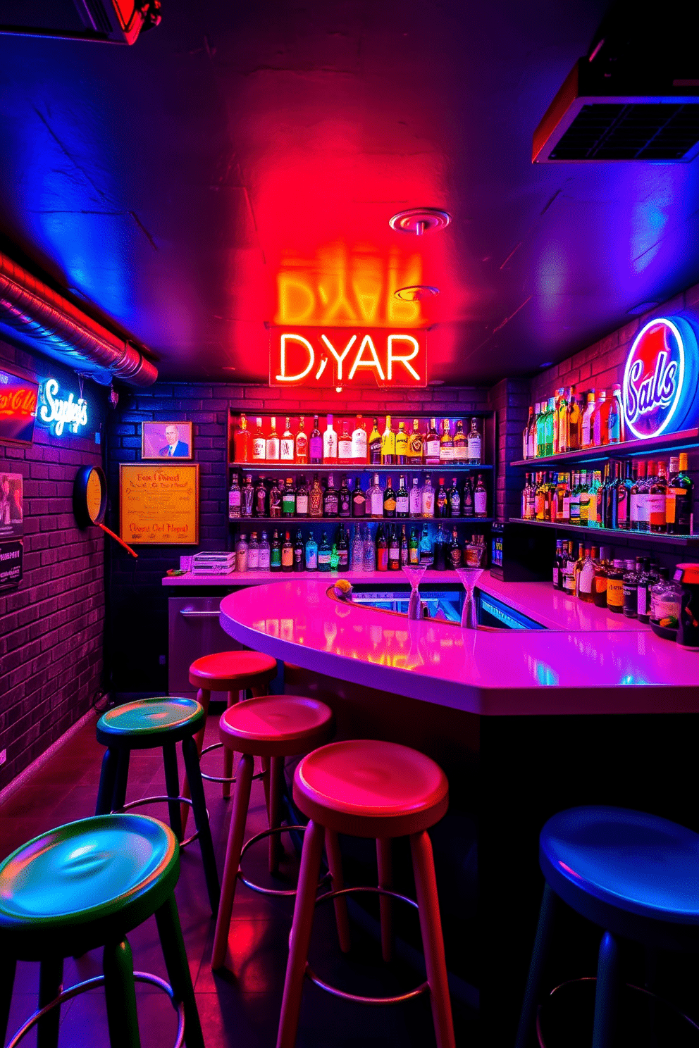 A vibrant basement dry bar featuring bright neon lights that create a fun and energetic atmosphere. The bar is equipped with a sleek countertop, colorful bar stools, and shelves lined with an array of spirits, all illuminated by dynamic neon signage.