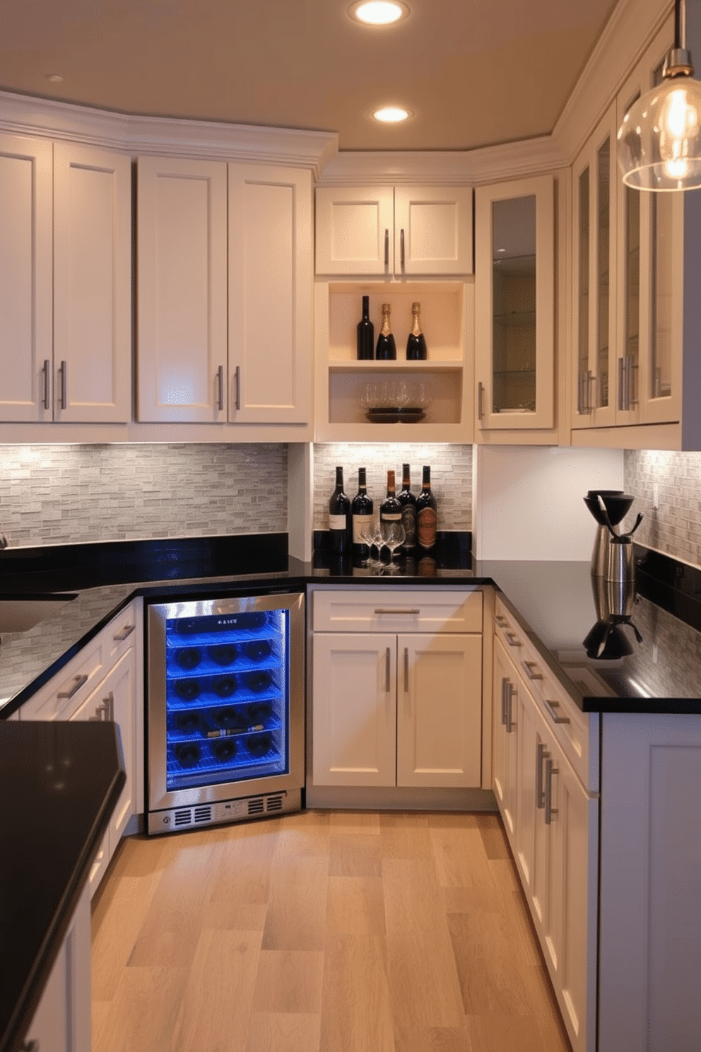 A stylish basement dry bar features a built-in wine fridge seamlessly integrated into the cabinetry for easy access. The bar area is accented with sleek black countertops, illuminated by warm pendant lighting, creating an inviting atmosphere for entertaining.