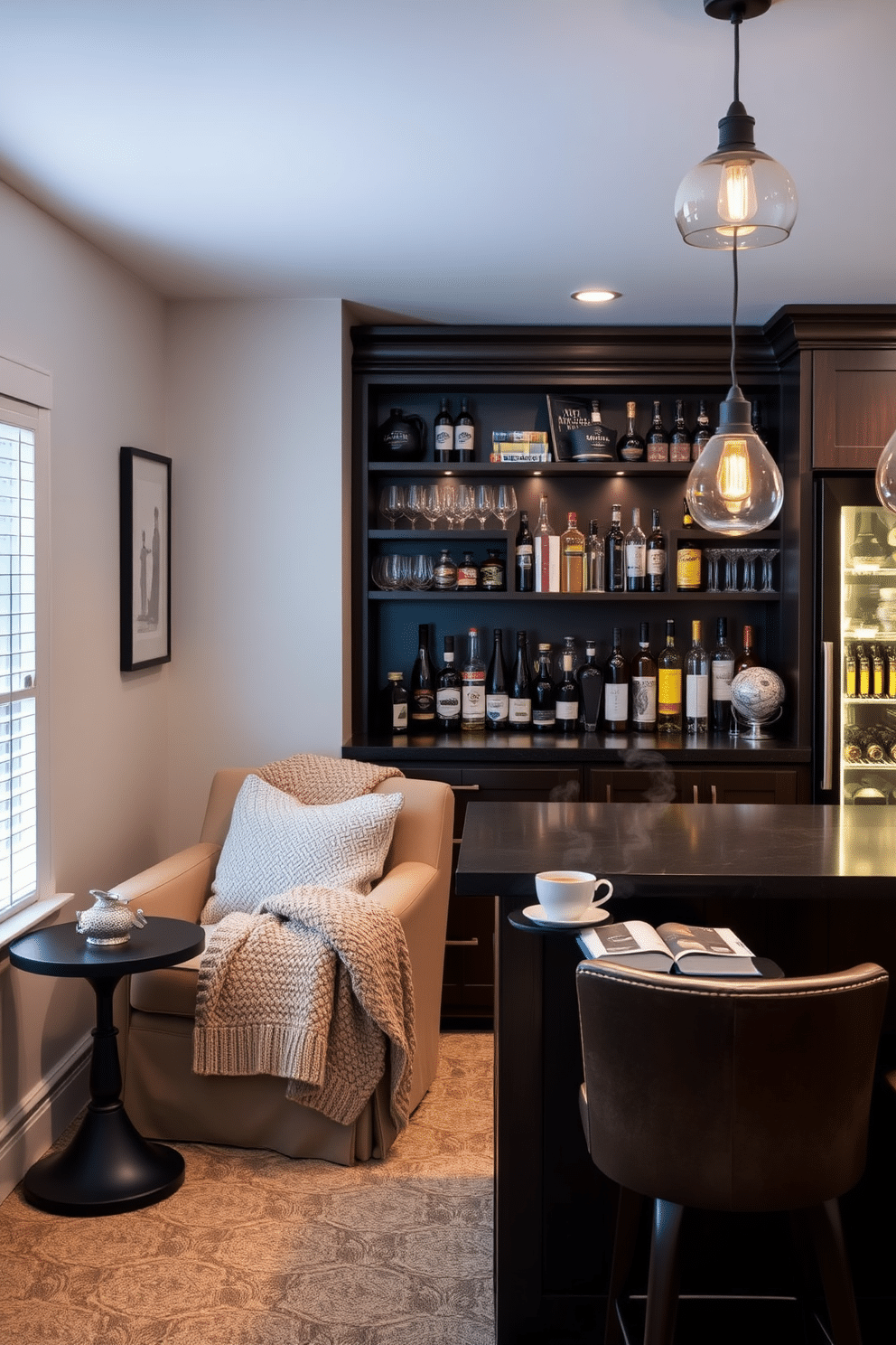 Cozy corner nook with plush seating. A soft, oversized armchair is nestled in the corner, draped with a knitted throw blanket, while a small round side table holds a steaming cup of tea and a stack of books. Basement dry bar design ideas. The bar features a sleek, dark wood counter with high stools, illuminated by pendant lights above, and shelves stocked with an array of spirits and glassware, complemented by a stylish wine fridge.