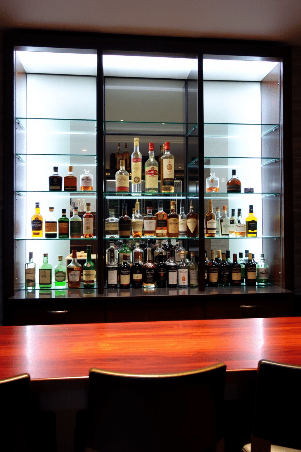 A sleek, modern dry bar with a polished glass display showcasing an array of premium liquor bottles. The backlit shelves are framed in dark wood, creating a striking contrast against the soft, ambient lighting of the basement space. The bar top is made of rich mahogany, complemented by stylish bar stools with leather upholstery. A large mirror behind the bar reflects the bottles, enhancing the luxurious feel of the area while providing a perfect spot for entertaining guests.