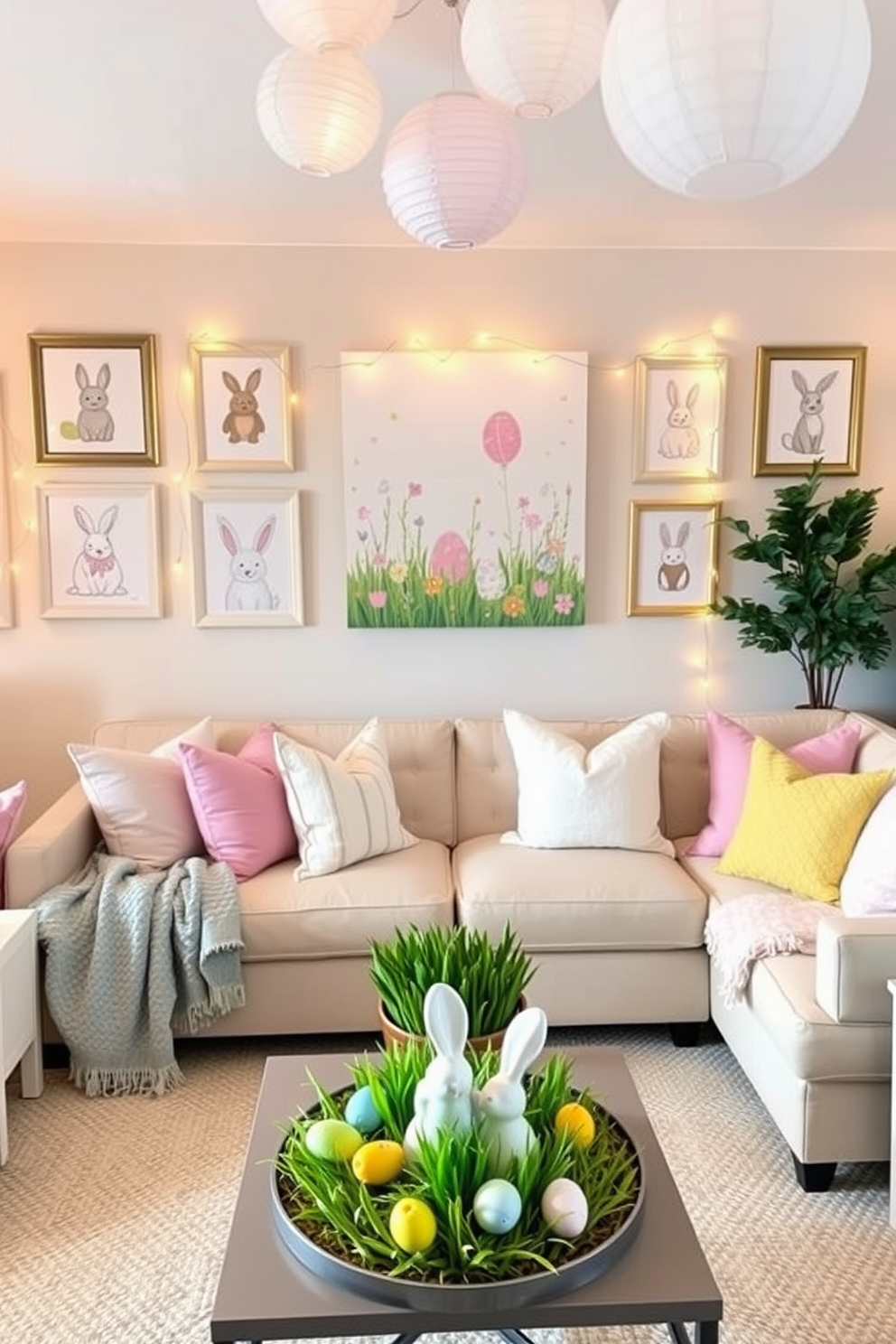 An Easter-themed wall art gallery display. The walls are adorned with pastel-colored frames holding whimsical illustrations of bunnies, eggs, and spring flowers. In the center, a large canvas features a vibrant Easter egg hunt scene, surrounded by smaller, complementary pieces. The gallery lighting is soft and warm, enhancing the festive and cheerful atmosphere, with a few decorative garlands draped along the top edges of the frames. A small table beneath the main display holds a basket of painted eggs and a vase of fresh tulips. Basement Easter decorating ideas. The basement is transformed into a cozy Easter retreat with pastel-colored throw pillows and blankets adorning a comfortable sectional sofa. Fairy lights are strung along the walls, casting a soft glow over Easter-themed wall decals and paper lanterns hanging from the ceiling. A central coffee table is decorated with a centerpiece of artificial grass, colorful eggs, and a ceramic bunny figurine. In one corner, a crafting station is set up with supplies for making Easter decorations, complete with a small table and chairs for kids to join in the fun.