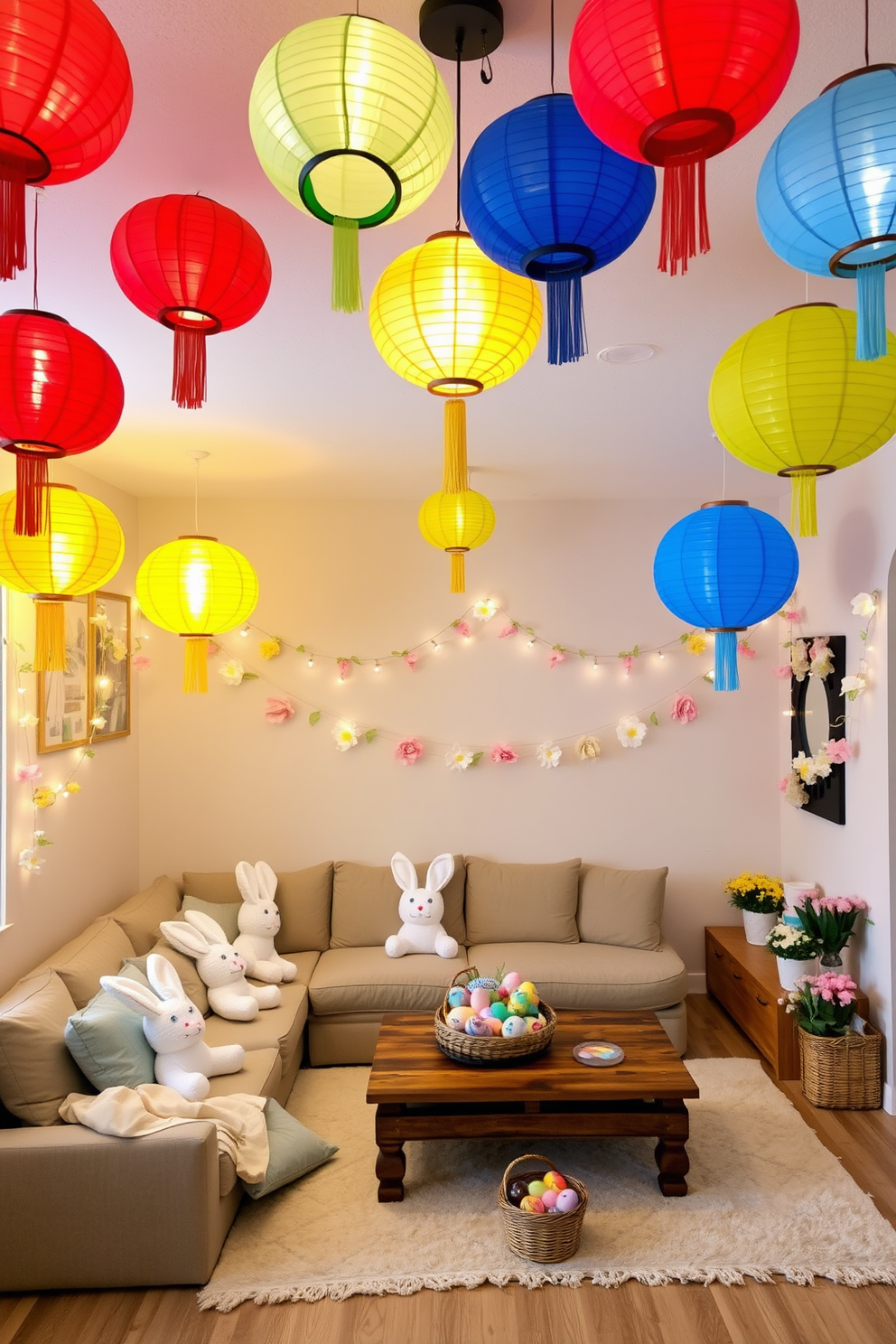 A cozy living room adorned with vibrant hanging paper lanterns. The lanterns come in various bright colors such as red, yellow, and blue, creating a festive atmosphere. They are suspended from the ceiling at different heights, casting a warm and cheerful glow across the room. Below, a comfortable seating area with plush cushions and a low wooden table invites relaxation and conversation. A charming basement transformed with delightful Easter decorations. The space features pastel-colored paper lanterns hanging from the ceiling, adding a whimsical touch. Soft, bunny-shaped pillows are scattered on a cozy sectional sofa, creating a playful and inviting nook. The walls are adorned with delicate garlands of spring flowers, and a rustic wooden table in the center displays an array of decorated Easter eggs and a basket filled with chocolate treats.