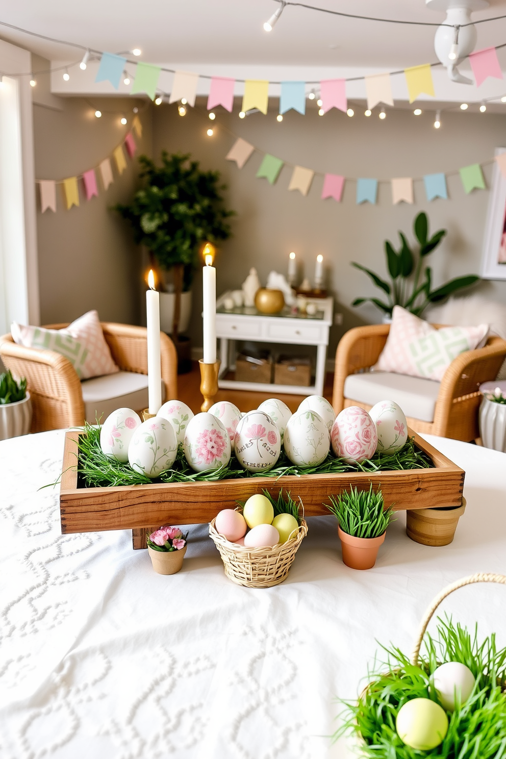 A DIY painted Easter egg centerpiece display. A rustic wooden tray holds a collection of pastel-colored Easter eggs, each intricately hand-painted with floral and geometric patterns. The tray is set on a white linen tablecloth, surrounded by sprigs of fresh greenery and small potted flowers. A few decorative candles in soft hues are placed strategically around the eggs, casting a warm, inviting glow. Basement Easter Decorating Ideas. Transform a cozy basement nook into an Easter wonderland with string lights draped across the ceiling and pastel-colored bunting hanging from the walls. A plush area rug in springtime colors anchors a seating area with comfortable chairs and a coffee table adorned with a whimsical Easter-themed centerpiece. Add a touch of nature with potted plants and a few strategically placed Easter baskets filled with faux grass and colorful eggs.