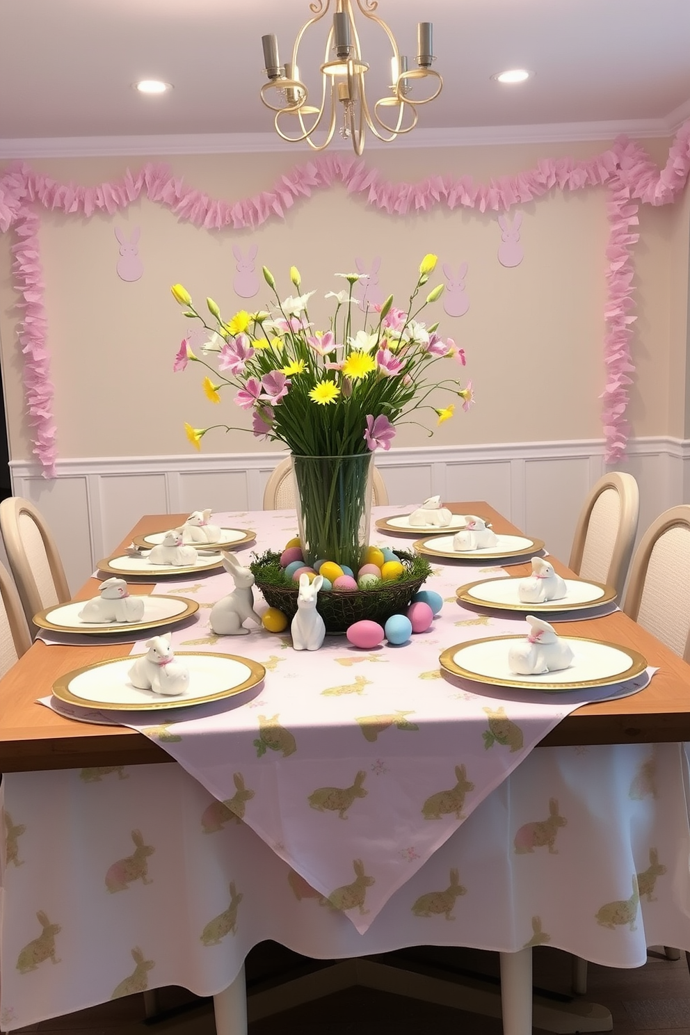 A festive basement decorated for Easter. A large wooden table is set with a pastel-colored tablecloth, featuring bunny motifs and floral patterns. On the table, there are elegant white plates with gold rims, each adorned with a small ceramic bunny figurine. The centerpiece consists of a tall glass vase filled with fresh spring flowers, surrounded by colorful Easter eggs. The walls are adorned with pastel garlands and bunny-shaped paper cutouts, creating a cheerful and welcoming atmosphere.