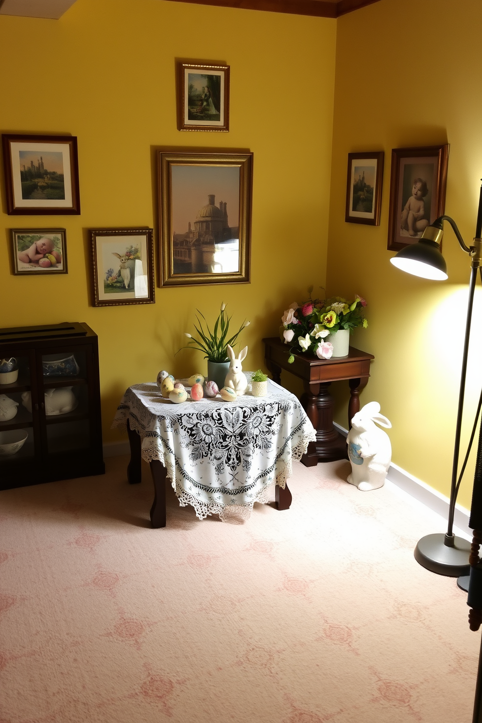 A cozy basement decorated for Easter. The walls are adorned with vintage Easter postcards framed in delicate wooden frames, creating a nostalgic ambiance. A pastel-colored rug covers the floor, complementing the soft yellow walls. In one corner, a small wooden table is dressed with a lace tablecloth, featuring an array of Easter-themed decorations including painted eggs and a ceramic bunny. Soft lighting from a vintage floor lamp casts a warm glow over the space, enhancing the festive yet homey feel.