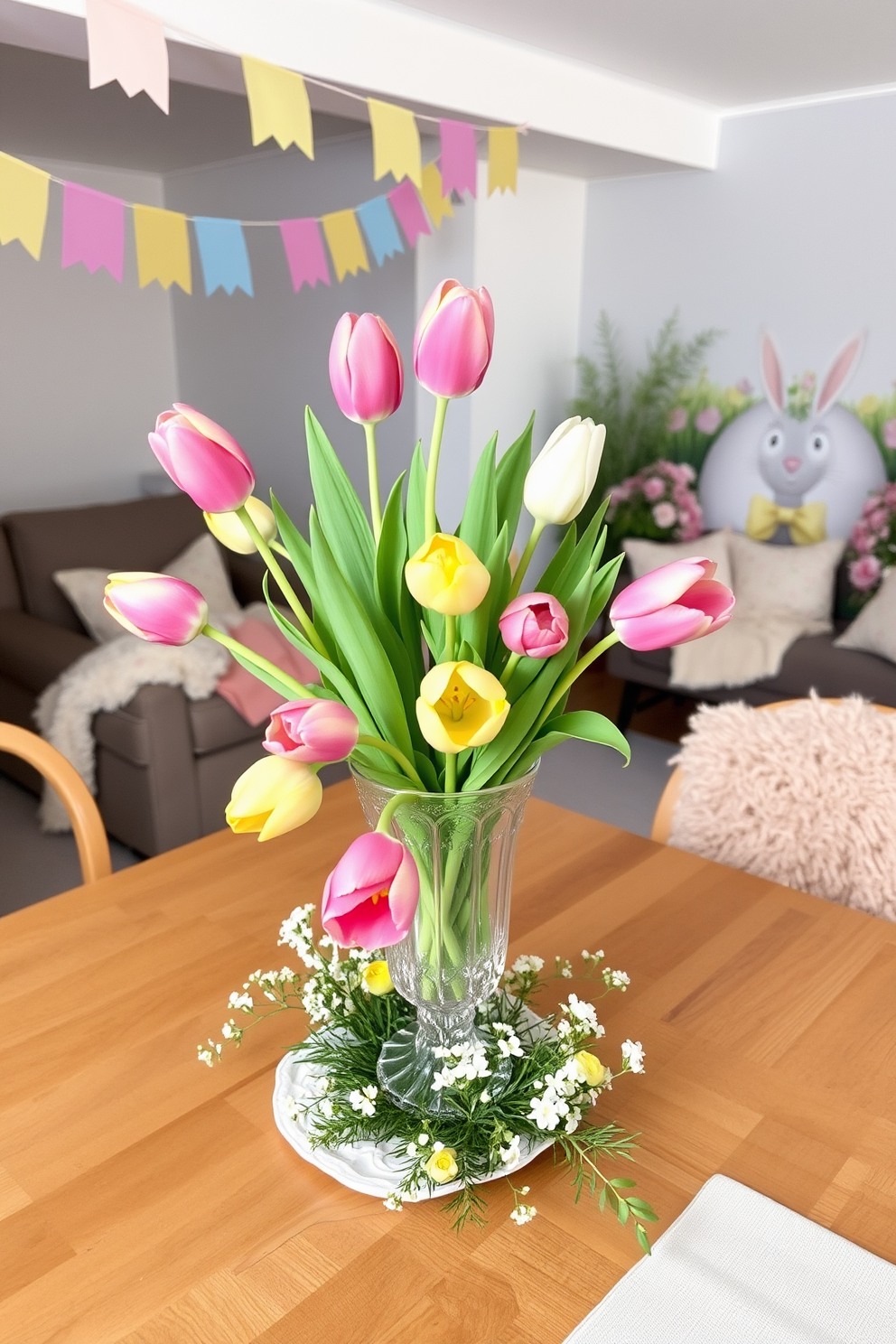 A charming floral table centerpiece. A crystal vase filled with vibrant tulips in shades of pink, yellow, and white sits in the center of a wooden dining table, surrounded by delicate greenery and small white filler flowers. Cozy basement Easter decorating ideas. The basement is adorned with pastel-colored bunting, a mix of soft yellow, pink, and blue, and a large Easter-themed mural on one wall; a cozy seating area with plush cushions and throws in coordinating pastel shades invites relaxation.