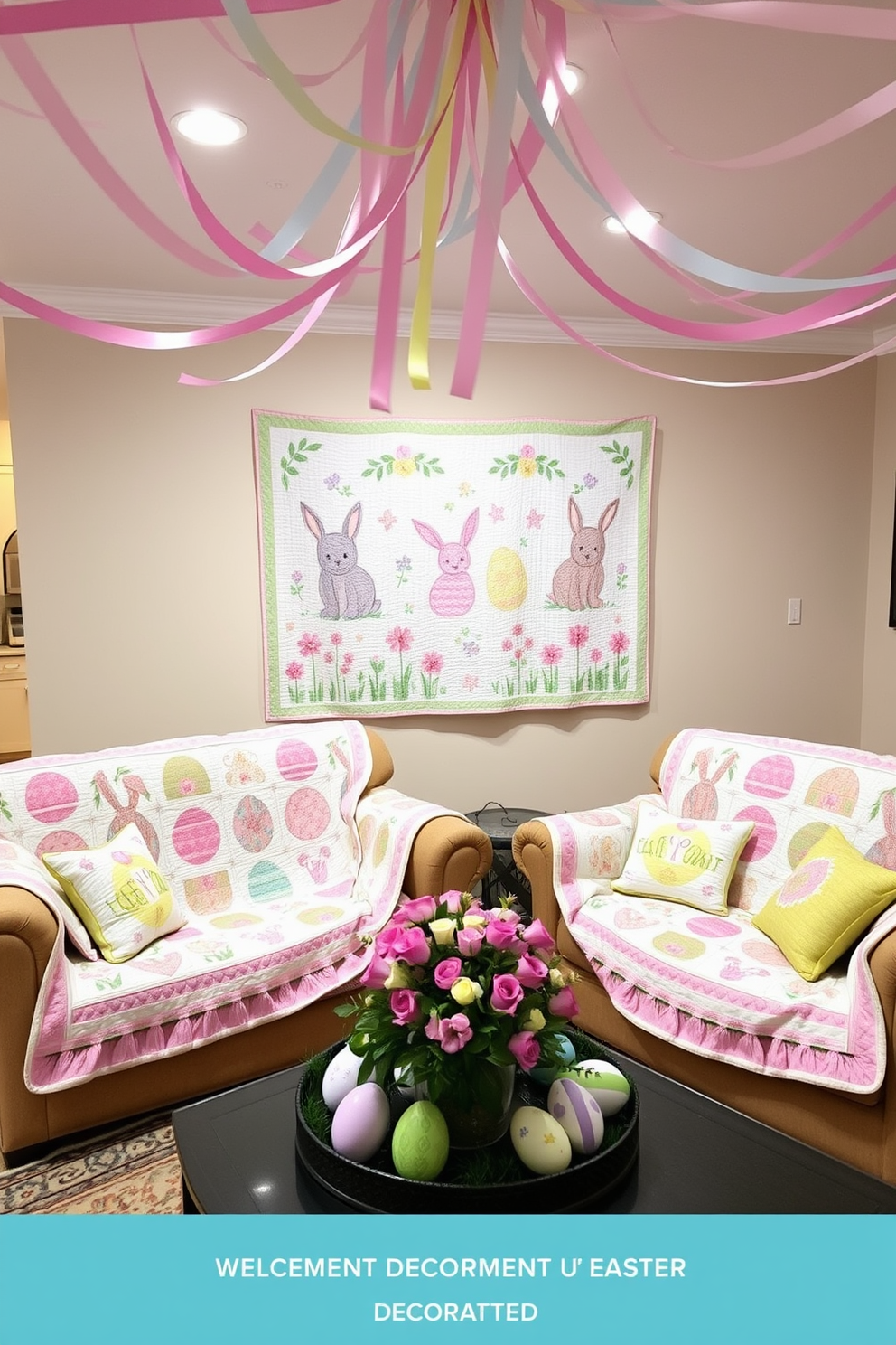 A cozy living room featuring two couches adorned with Easter-themed quilts. The quilts display pastel colors and intricate patterns of bunnies, eggs, and spring flowers, adding a festive touch to the space. A welcoming basement decorated for Easter, with soft lighting and pastel-colored streamers hanging from the ceiling. The room includes a cozy seating area with Easter-themed pillows and a coffee table decorated with a centerpiece of fresh flowers and painted eggs.