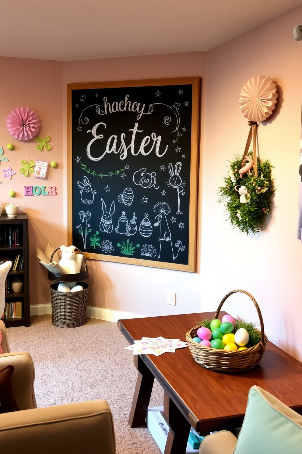 A cozy basement transformed for Easter celebrations. The walls are adorned with pastel-colored decorations, and a large chalkboard features cheerful Easter greetings and intricate designs of bunnies, eggs, and flowers. In the corner, a wooden table is set up with Easter crafts and a basket filled with colorful eggs. Soft lighting and comfortable seating create a welcoming atmosphere for family and friends to gather and enjoy the festive season.