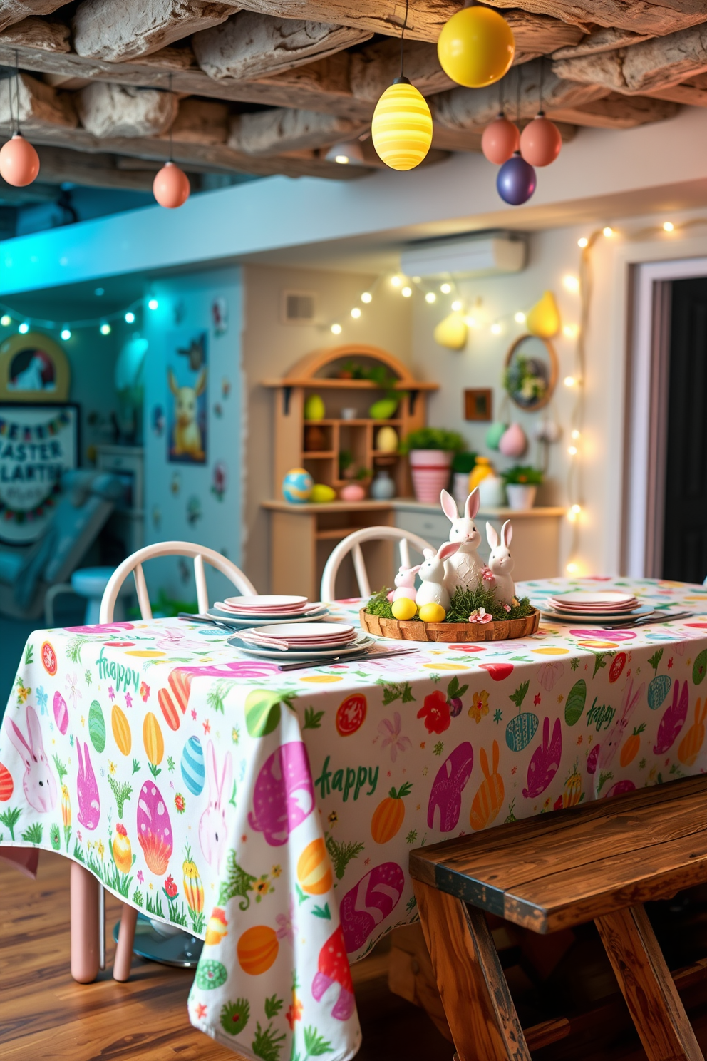 A vibrant dining table setup featuring a colorful tablecloth adorned with cheerful Easter patterns. The tablecloth displays a mix of pastel-colored eggs, cute bunnies, and blooming spring flowers, creating a festive and inviting atmosphere for an Easter meal. A cozy basement decorated for Easter with a playful and welcoming vibe. The space includes pastel-colored garlands, egg-shaped string lights, and an Easter-themed centerpiece on a rustic wooden table, enhancing the holiday spirit in a charming underground setting.