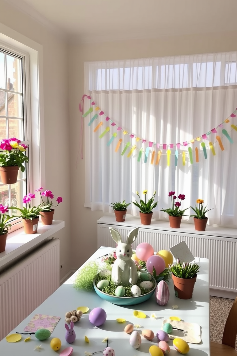 Potted spring flowers in terracotta pots adorn the window sills, bringing a burst of color to the room. The windows are framed with sheer white curtains, allowing the sunlight to filter through and highlight the vibrant blooms. In the basement, Easter decorations create a festive atmosphere with pastel-colored garlands draped across the walls. A large table in the center of the room is set with an array of Easter-themed crafts and a centerpiece featuring a decorative Easter bunny surrounded by painted eggs.