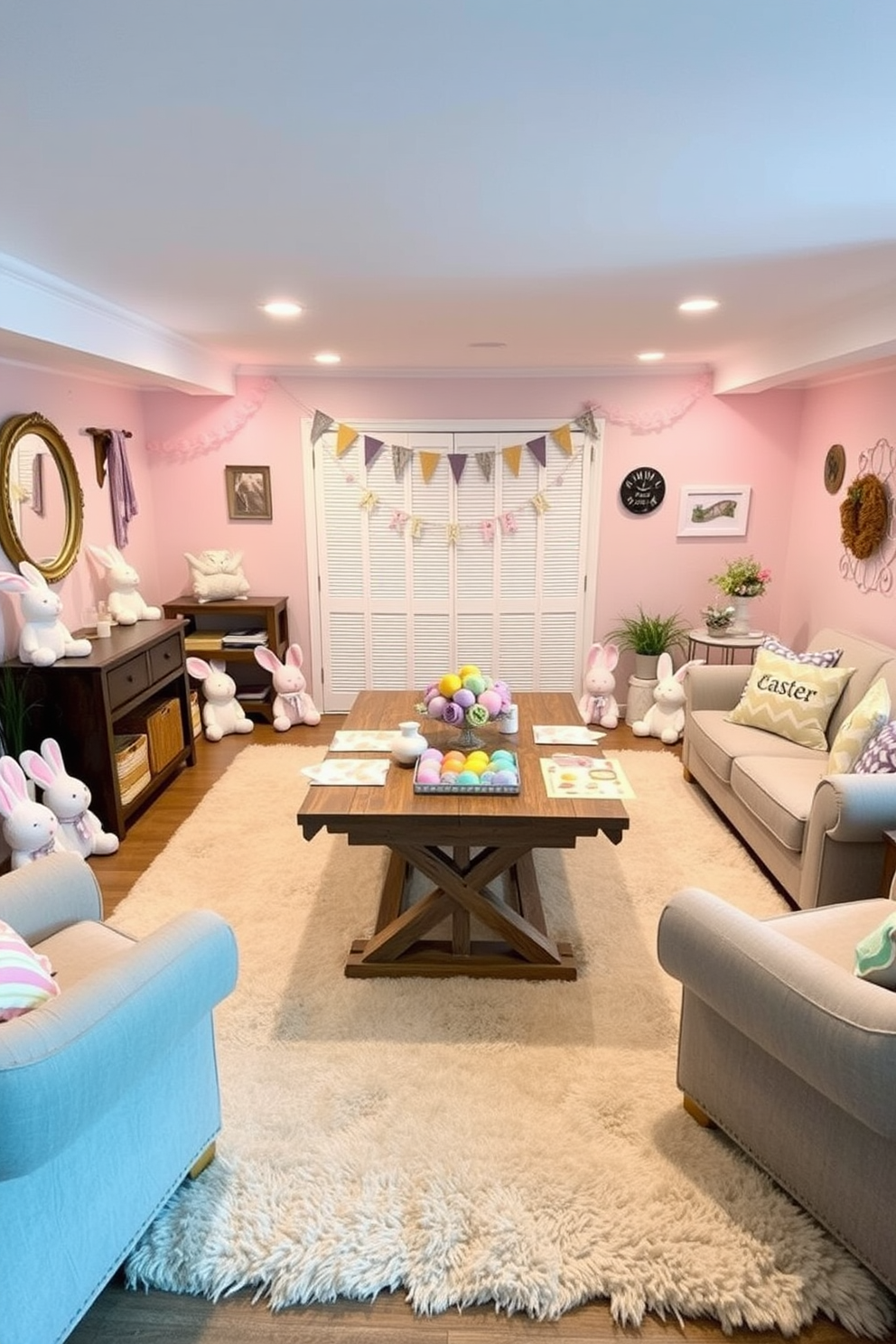 A cozy basement transformed into a whimsical Easter wonderland. In each corner of the room, plush Easter bunny toys are strategically placed, adding a touch of charm and playfulness. The walls are adorned with pastel-colored decorations, and a large, soft rug covers the floor, making the space inviting and comfortable. A wooden table in the center is set with Easter-themed crafts and treats, surrounded by comfortable seating for family and friends.