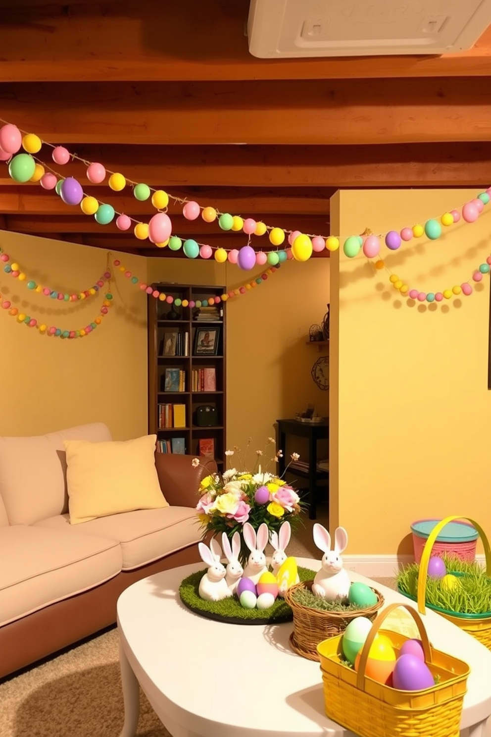 A cozy basement decorated for Easter. Colorful Easter egg garlands are draped across wooden beams, creating a festive atmosphere. The walls are painted a soft pastel yellow, complementing the vibrant decorations. In one corner, a plush seating area with pastel-colored cushions invites relaxation. The coffee table is adorned with a centerpiece of fresh spring flowers and decorative Easter bunnies. Brightly colored baskets filled with faux grass and painted eggs are placed strategically around the room, adding to the holiday charm.