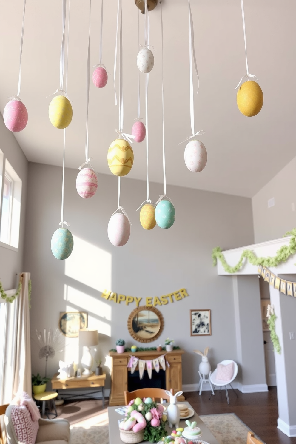 Hanging Easter egg ornaments from ceiling: In a spacious living room with high ceilings, colorful Easter egg ornaments are suspended at varying heights, creating a whimsical and festive atmosphere. The eggs, decorated in pastel hues and intricate patterns, hang from delicate ribbons, catching the light and adding a playful touch to the room. Basement Easter Decorating Ideas: Transform a cozy basement into an Easter wonderland with soft pastel decorations and themed accents. A large table is set up with an array of Easter crafts and treats, while the walls are adorned with cheerful banners and garlands, creating a warm and inviting space for family gatherings and celebrations.