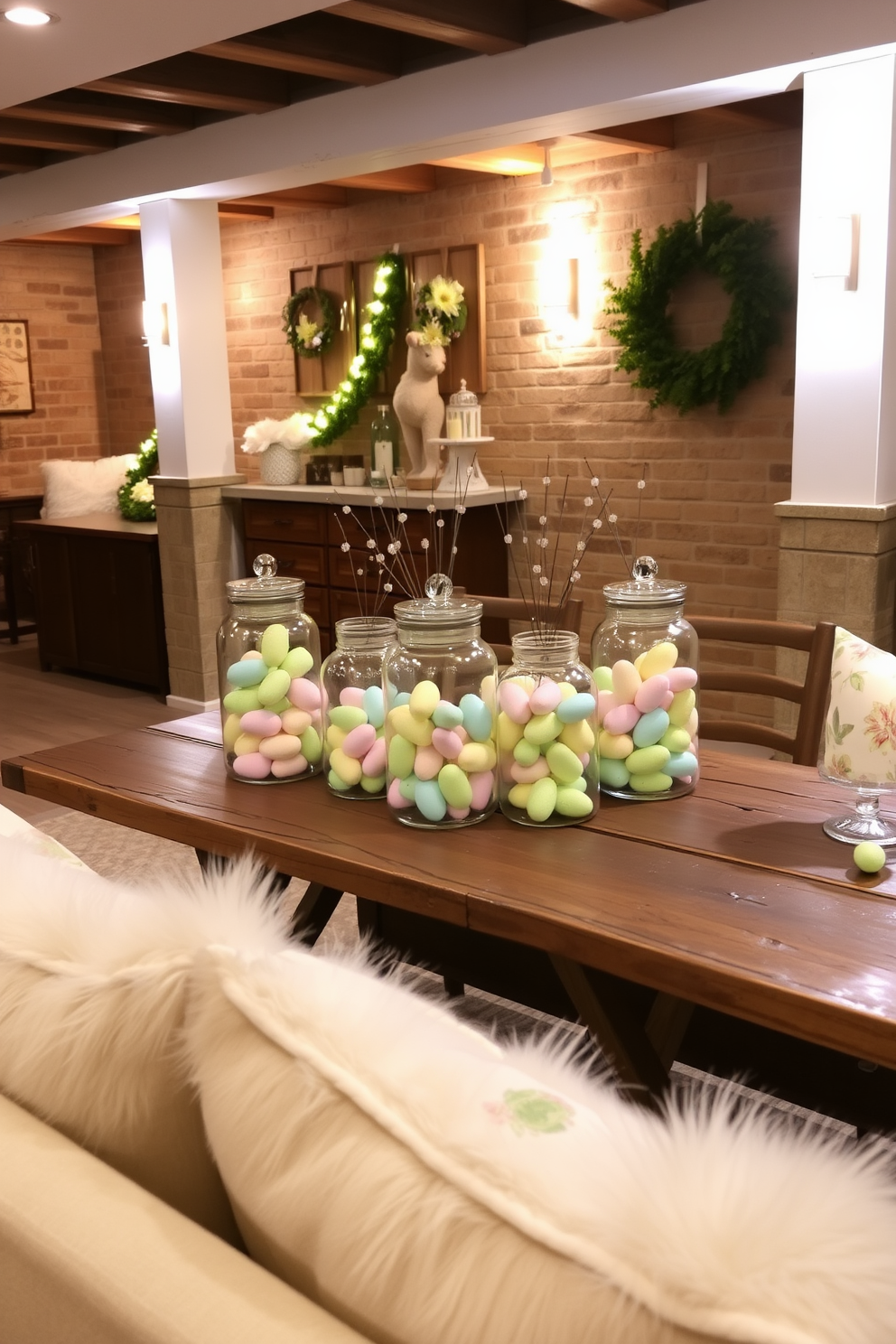 A cozy basement transformed for Easter celebrations. Decorative glass jars filled with pastel-colored candy eggs are placed on a rustic wooden table, creating a charming focal point. Soft, ambient lighting enhances the festive atmosphere, highlighting the delicate patterns on the jars. Plush seating with floral cushions surrounds the table, inviting guests to relax and enjoy the seasonal decor.