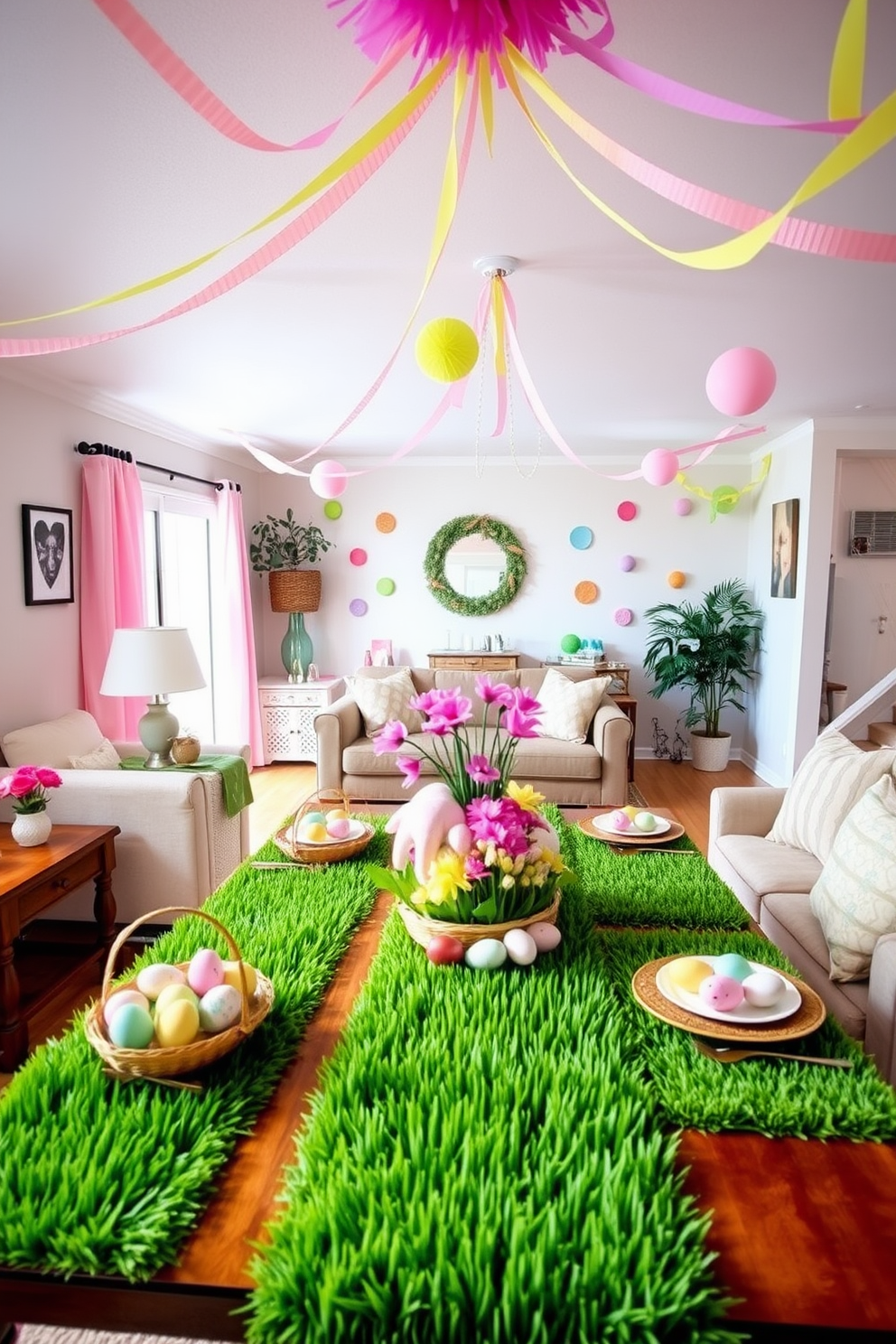 A cozy living room setup. Faux grass runners are elegantly placed on side tables, adding a touch of nature to the space. The runners complement the wooden tables and the neutral-toned furniture, creating a harmonious and inviting atmosphere. A vibrant and festive basement for Easter celebrations. The room is adorned with pastel-colored decorations, including faux grass runners on tables, which hold baskets filled with Easter eggs and flowers. Brightly colored streamers hang from the ceiling, and a large table in the center is set for an Easter feast, complete with themed dinnerware and a centerpiece of fresh spring blooms.