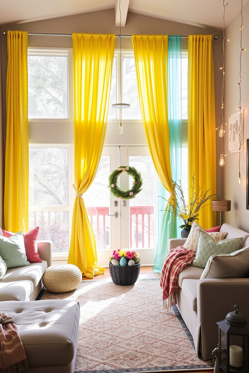 Brightly colored curtains for a cheerful look. The living room features vibrant, floor-length curtains in shades of yellow and turquoise, framing large windows that let in ample natural light. The curtains are made of a lightweight fabric that sways gently with the breeze, adding a lively touch to the room's neutral-toned furniture and walls. Decorative tiebacks in contrasting colors keep the curtains elegantly draped when open, while a patterned rug with matching hues ties the entire look together. Basement Easter Decorating Ideas. Transform your basement into a festive Easter wonderland with pastel-colored decorations and whimsical accents. Hang garlands of paper eggs and bunnies along the walls, and place a large Easter wreath on the door to welcome guests. Set up a cozy seating area with soft, pastel-colored cushions and throws, and use floral centerpieces with fresh spring flowers to brighten up the space. Add a touch of magic with string lights and lanterns, creating a warm and inviting atmosphere perfect for Easter celebrations.