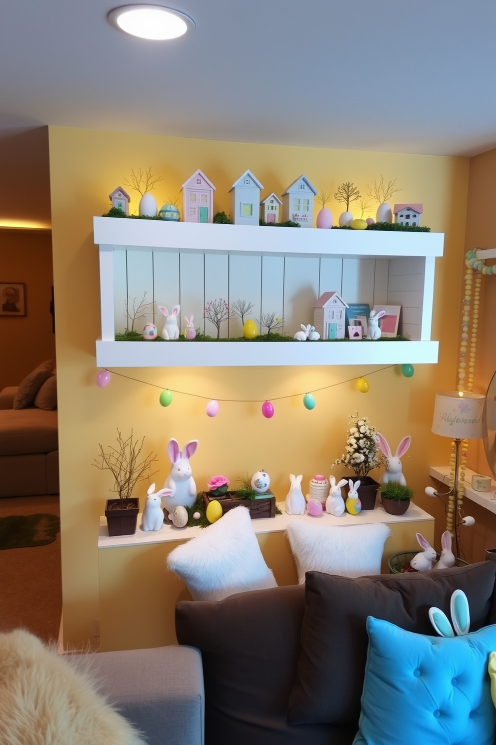 A charming miniature Easter village display is set up on white wooden shelves. The shelves are adorned with pastel-colored houses, tiny bunnies, and miniature egg trees, with a soft yellow backdrop enhancing the festive scene. In a cozy basement, Easter decorations bring a springtime feel with colorful garlands and egg-themed decor. The space features a combination of plush seating and playful bunny figurines, creating a warm and inviting atmosphere for family gatherings.