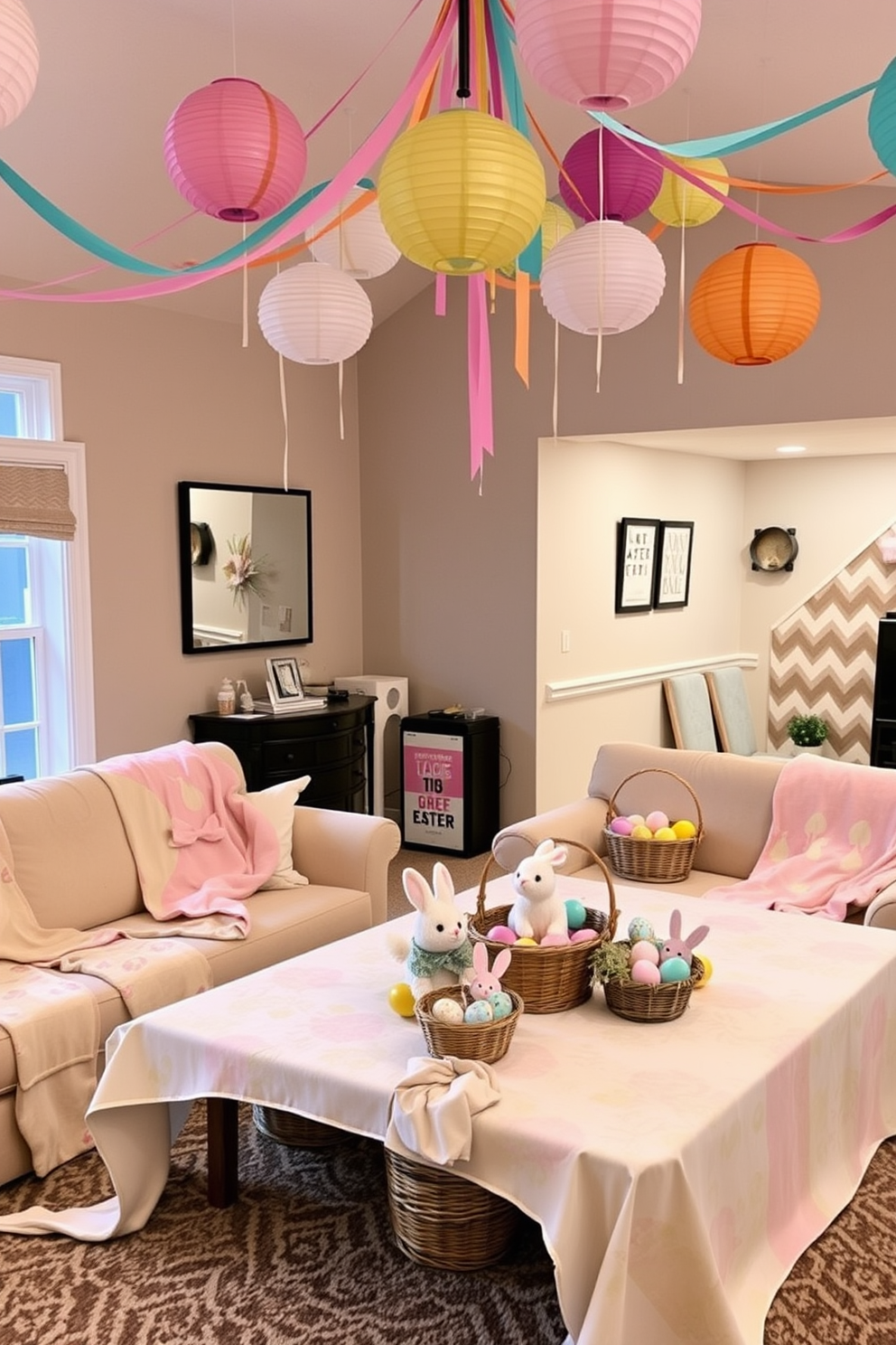 A cozy living room adorned with Easter-themed throw blankets. The blankets feature pastel colors with bunny and egg patterns, draped over a plush beige sofa, adding a touch of warmth and festive charm. A basement transformed into an Easter wonderland. Colorful paper lanterns and streamers hang from the ceiling, while a large table in the center is decorated with an Easter-themed tablecloth, baskets filled with painted eggs, and whimsical bunny figurines.