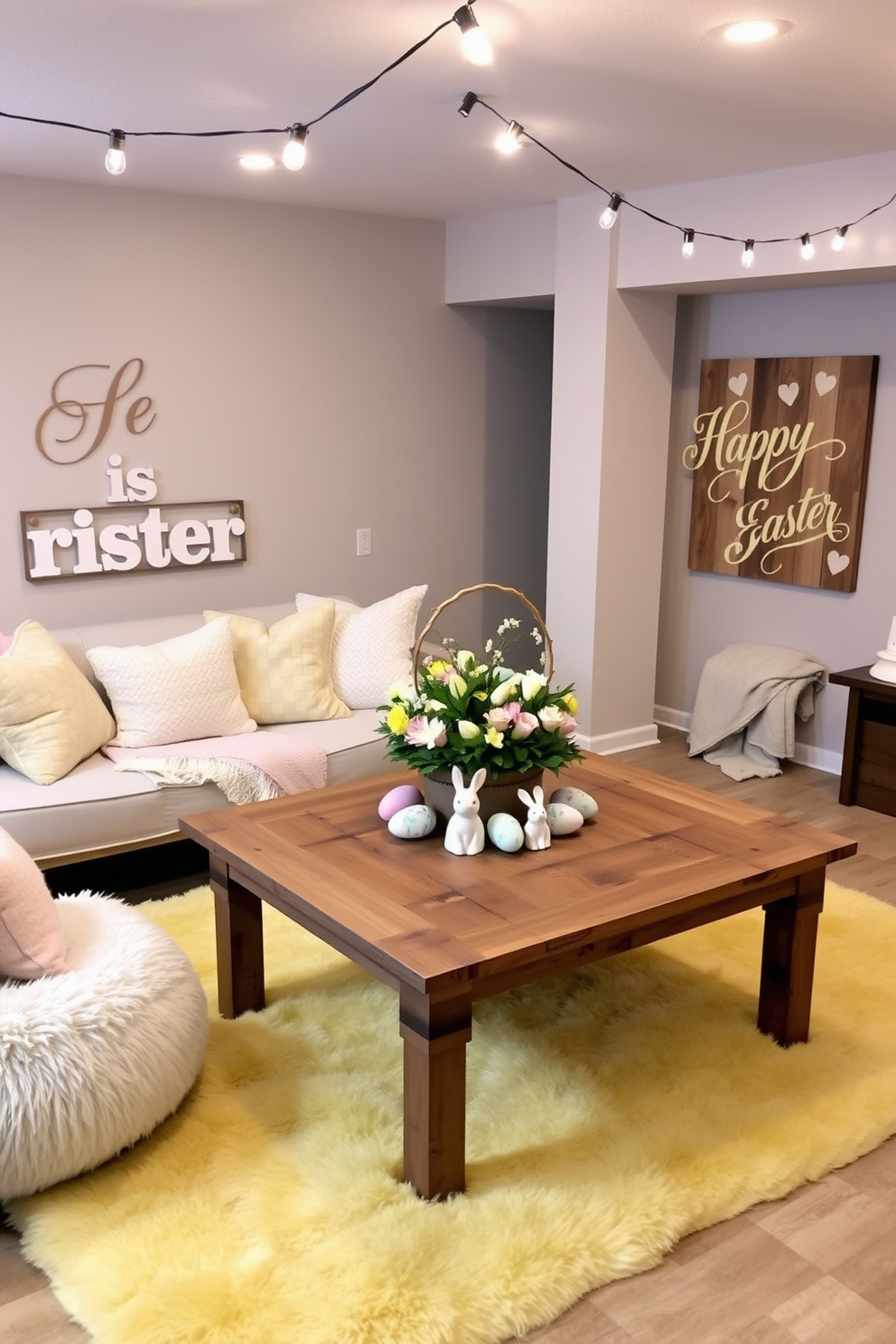 A cozy basement transformed for Easter celebrations. The walls are adorned with decorative wooden signs featuring Easter quotes in elegant cursive, such as 